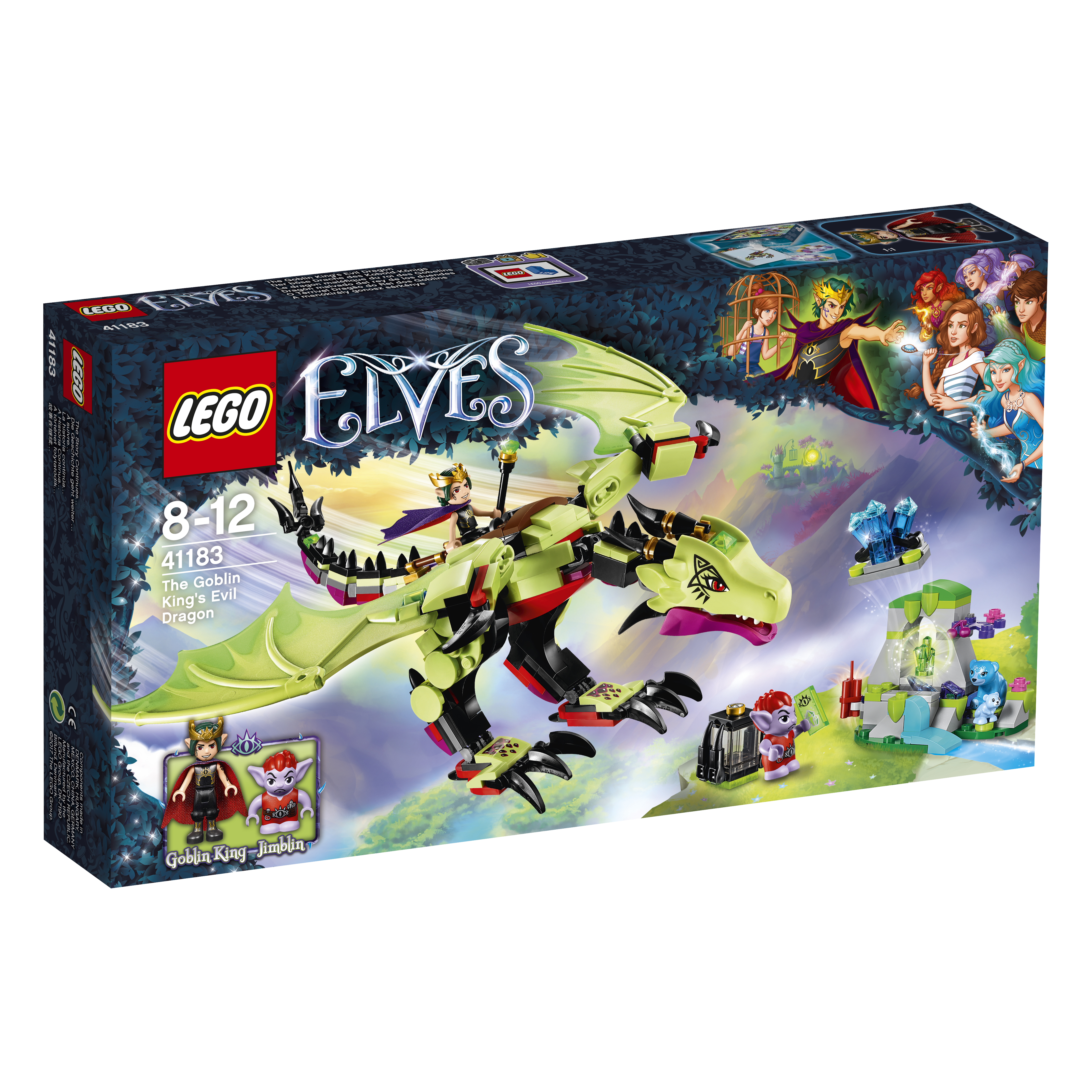 Pudełko LEGO Elves. Zielony smok, król goblinów i figurki. Pudełko przedstawia scenę z zamkiem i elfami.