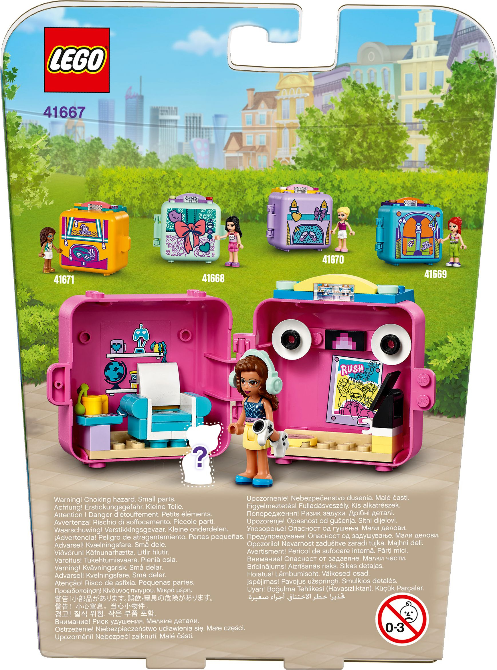 Pudełko zestawu Lego Friends. Pudełko przedstawia wiele mini pudełek z figurkami i większe pudełko z figurką.