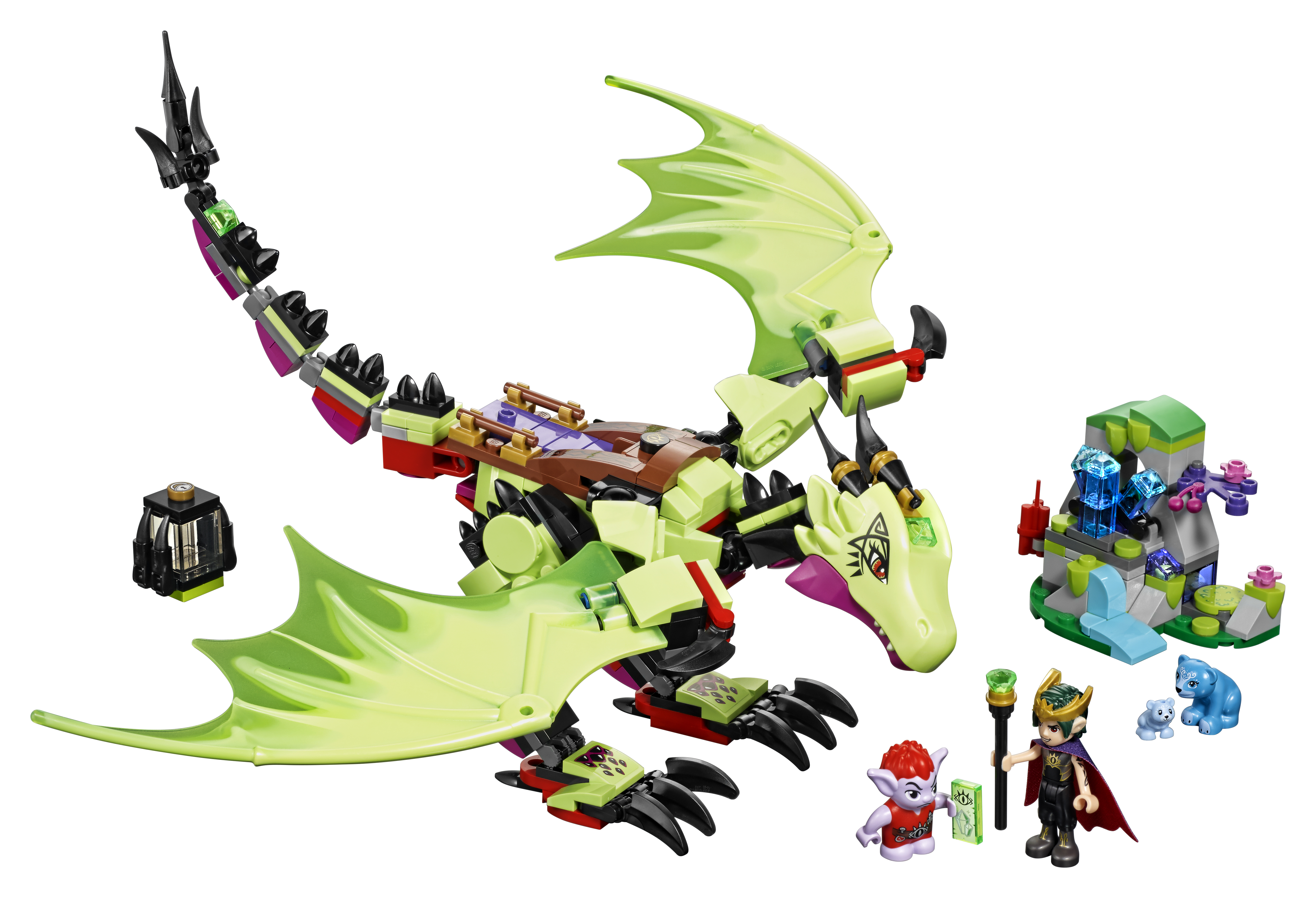 Zestaw Lego Elves ze smokiem, figurkami i sceną leśną. Zawiera magiczną scenerię.