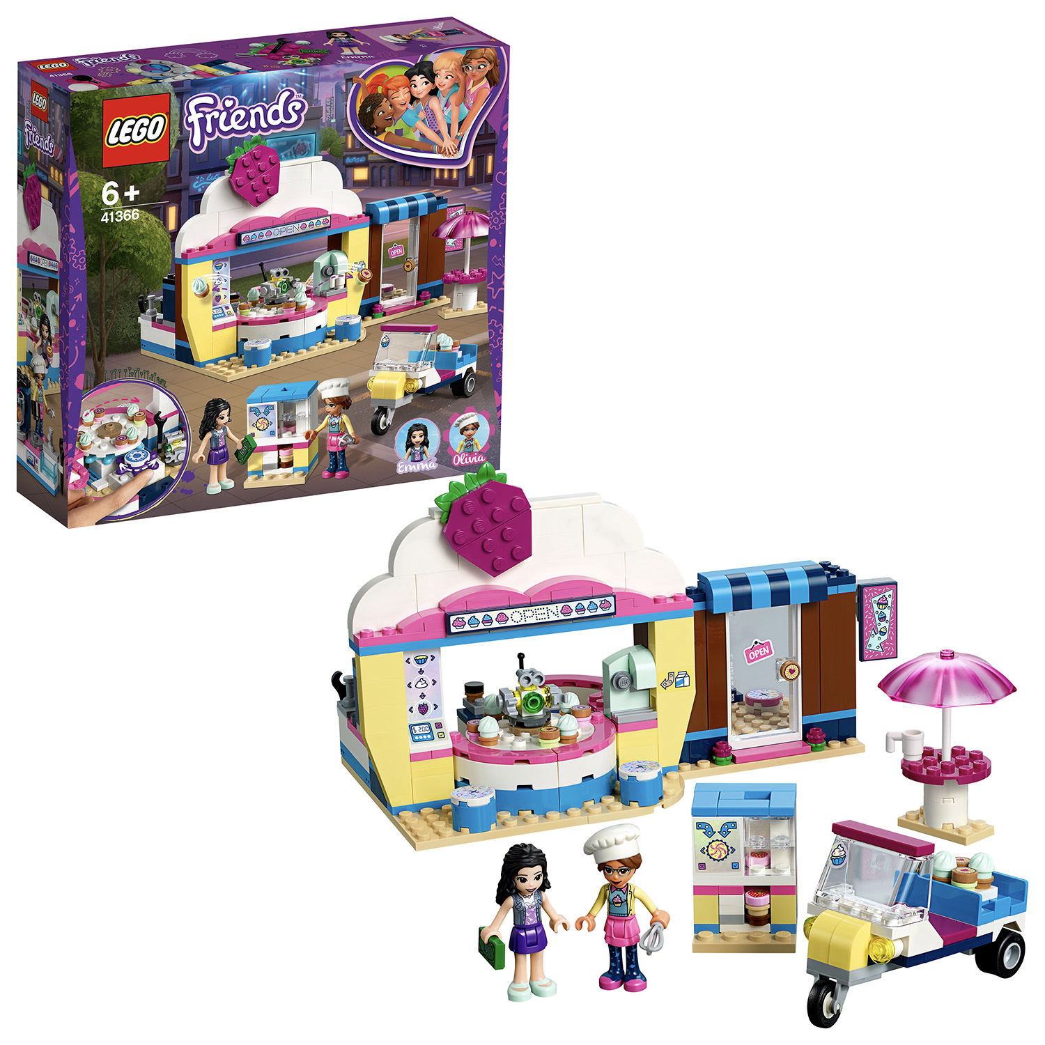 Zestaw lodziarni Lego Friends, z figurkami, wózkiem i elementami sklepu.