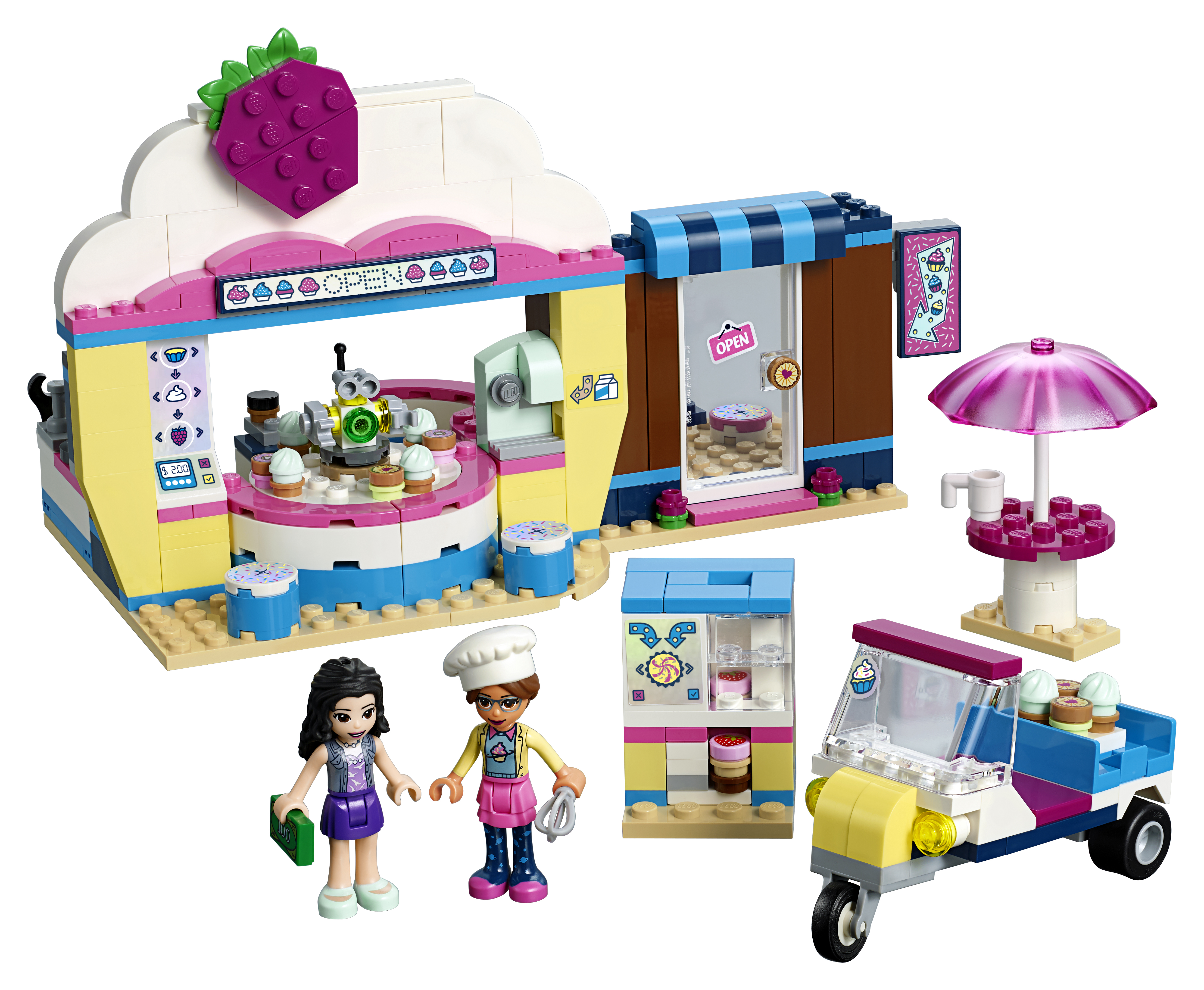 Zestaw Lego Friends z lodziarnią, figurkami i trójkołowcem na białym tle.