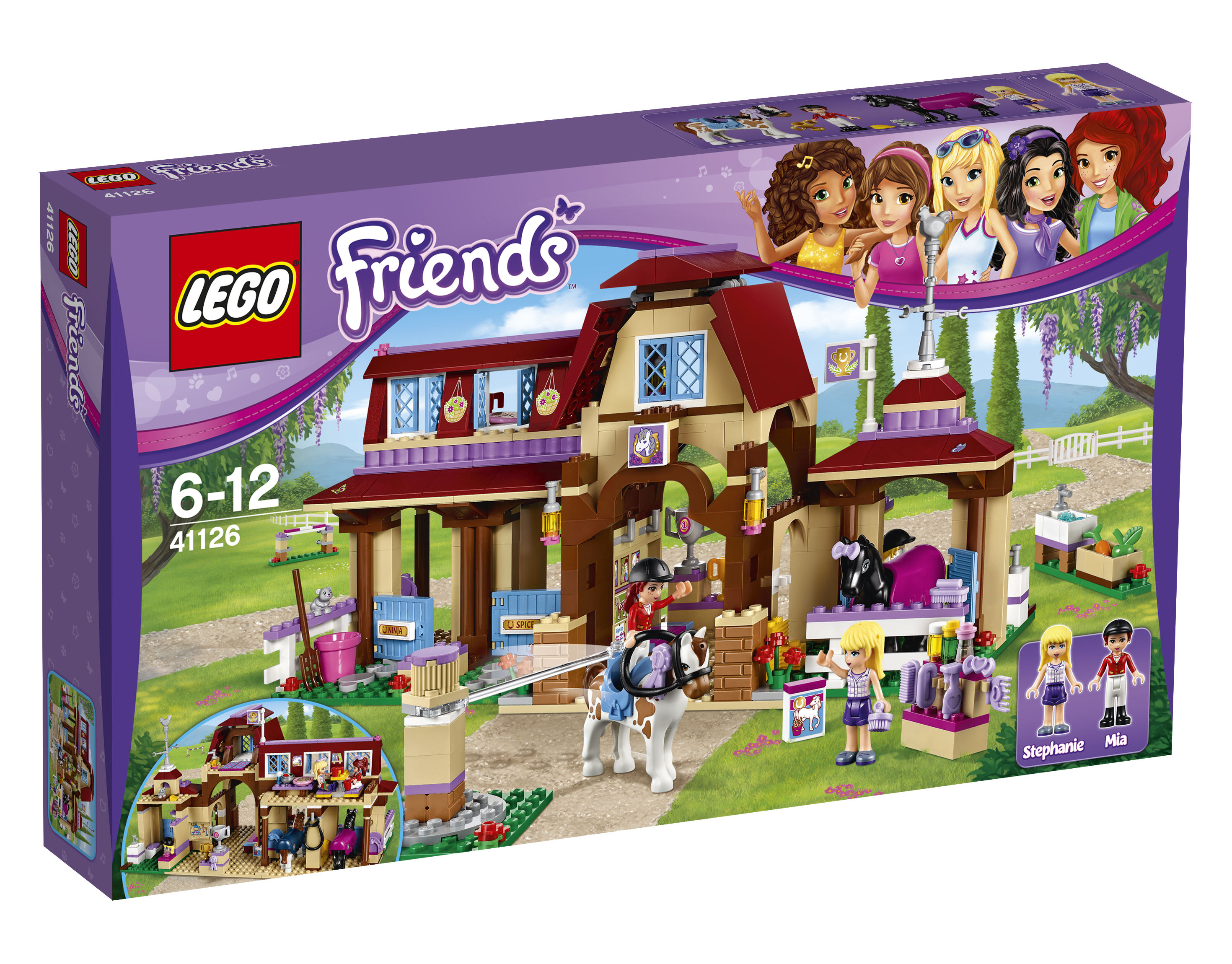 Pudełko zestawu Lego Friends z dużym budynkiem i stajnią. Zawiera kilka postaci i fioletowe pudełko.