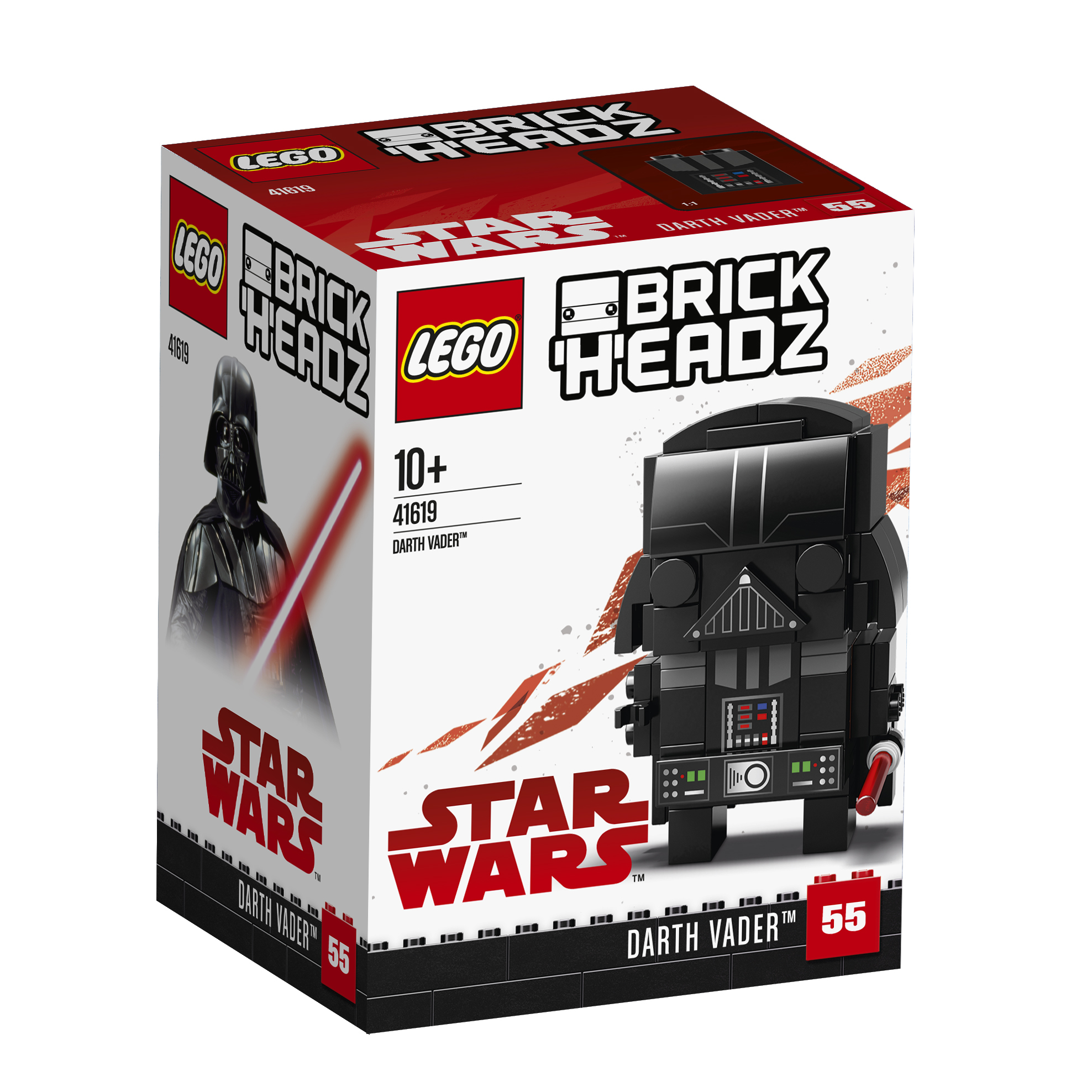 Scatola Lego Star Wars BrickHeadz Darth Vader. Figura nera di Darth Vader davanti e di lato.