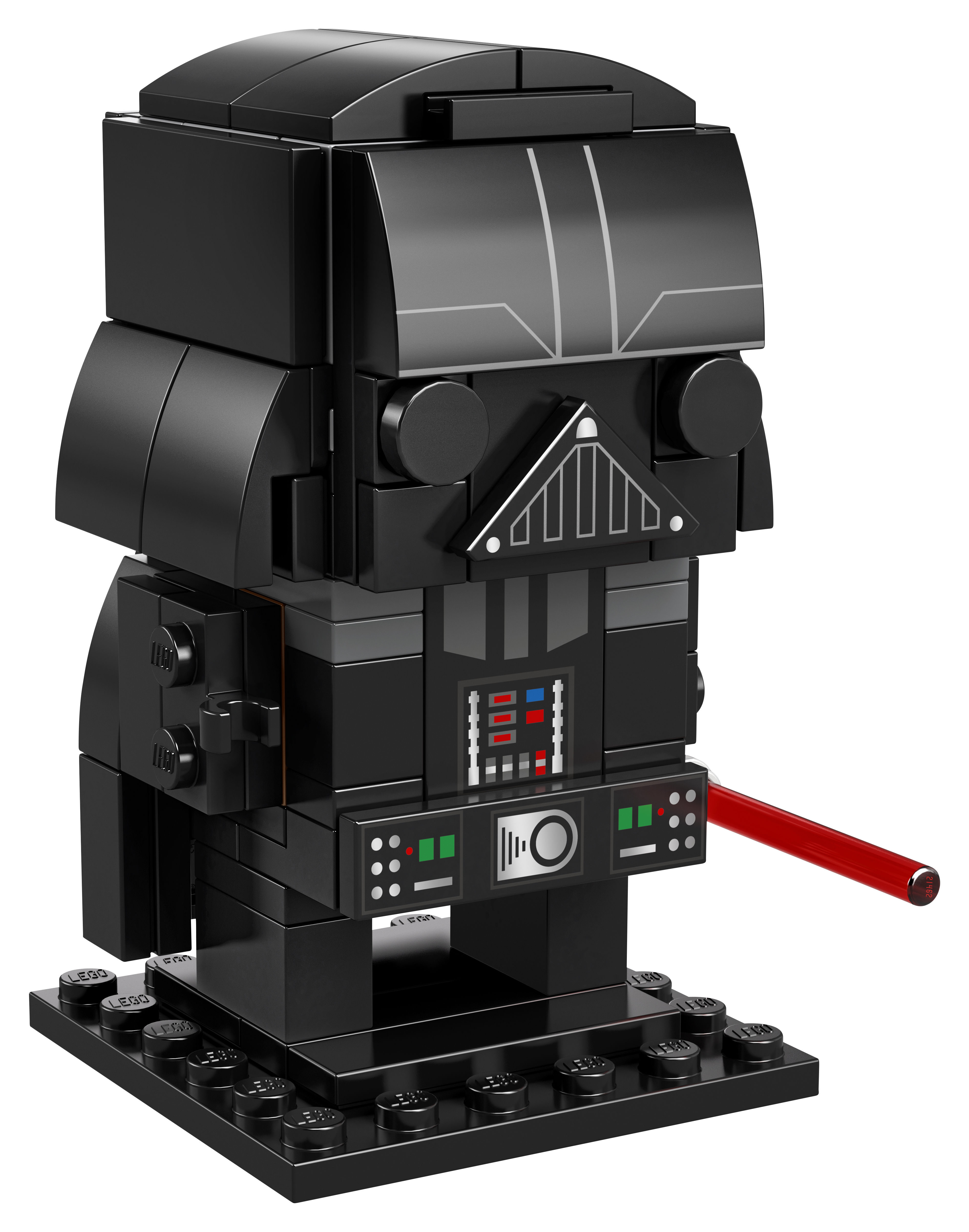 Un personaggio Lego di Darth Vader in un design quadrato e a blocchi con una spada laser rossa.