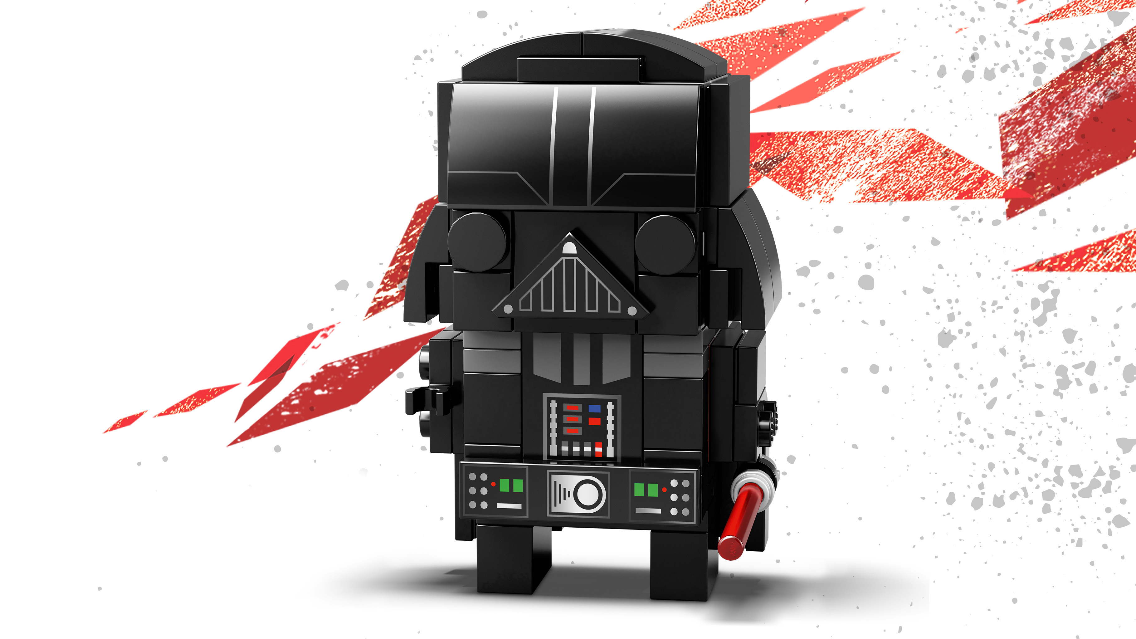 Figura Lego Darth Vader in mattoncini, nera e quadrata, con una spada laser rossa, su uno sfondo bianco e rosso.