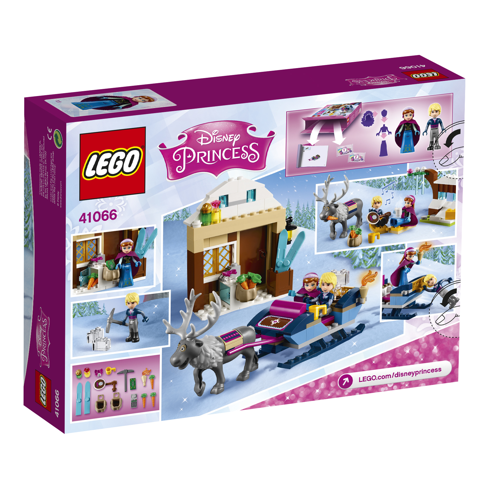 Scatola del set Lego Disney Princess con una scena invernale, personaggi di Anna ed Elsa e una renna.
