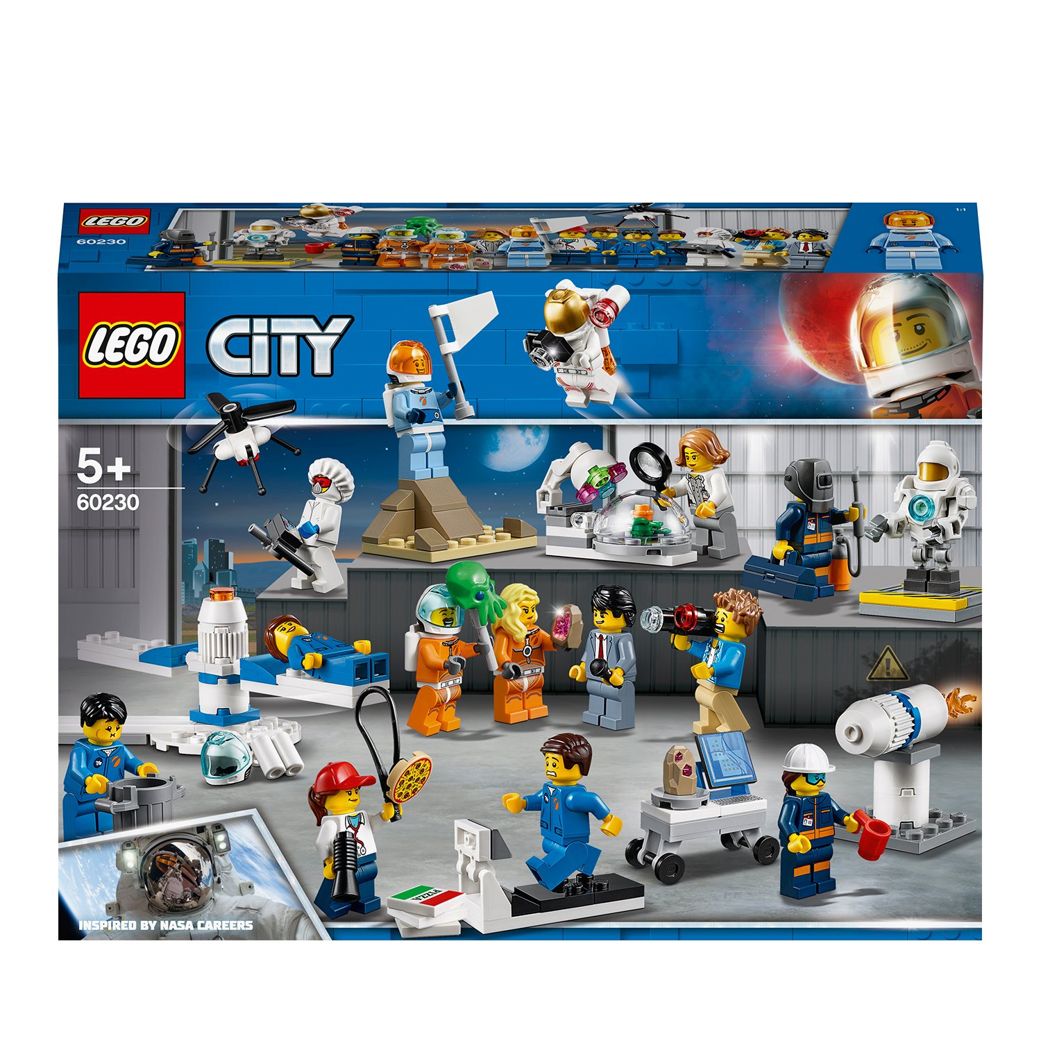 Zestaw Lego City z różnymi figurkami i budowlami, w tym astronautami i przedmiotami kosmicznymi.