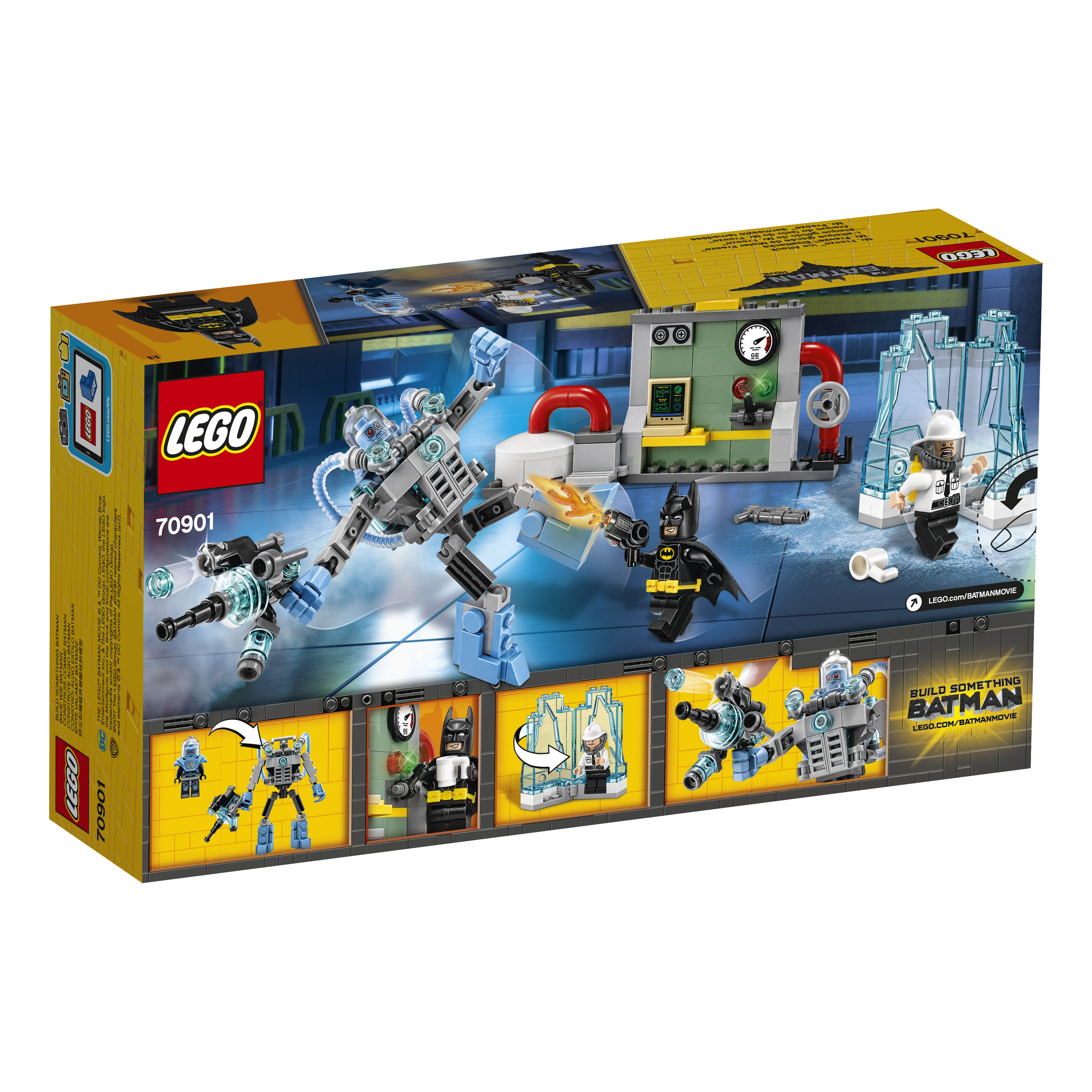 LEGO Batman set: een robot, een gebouw en verschillende minifiguren. De doos staat op de achtergrond.