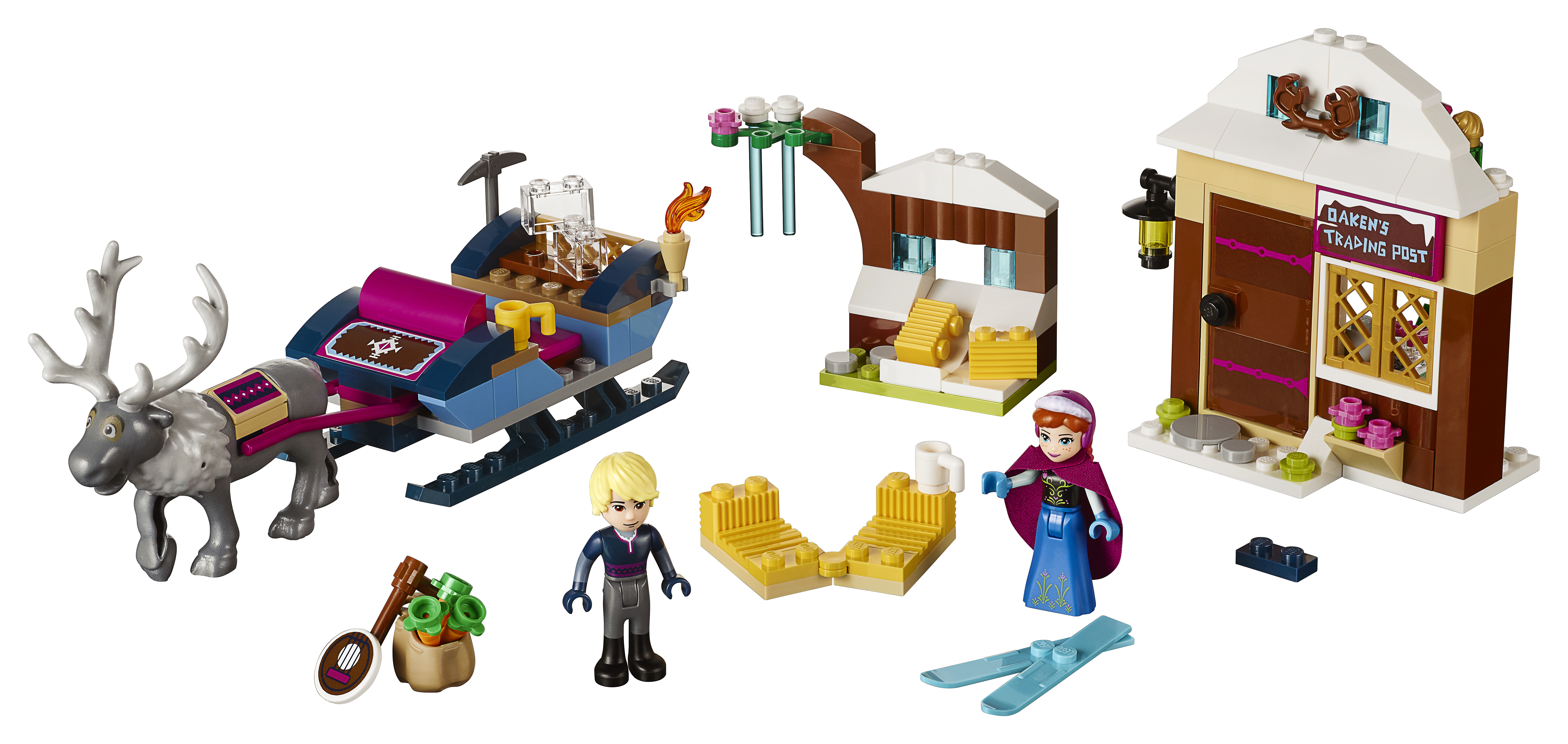 Set Lego Frozen con Anna, Kristoff, slitta, renna e un posto commerciale su sfondo bianco.
