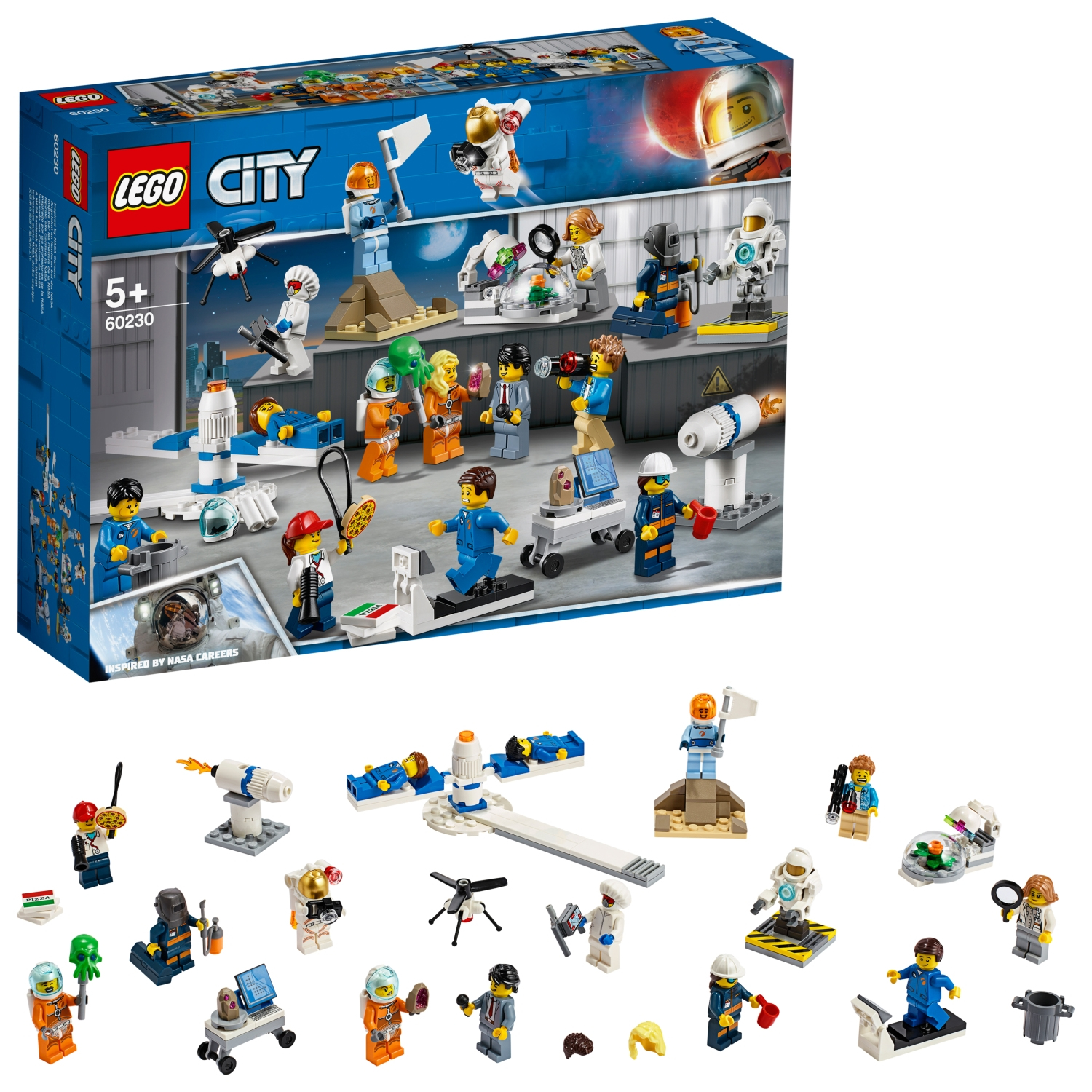Zestaw Lego City Space z figurkami, rakietą i wyrzutnią. Pudełko pokazuje scenę.