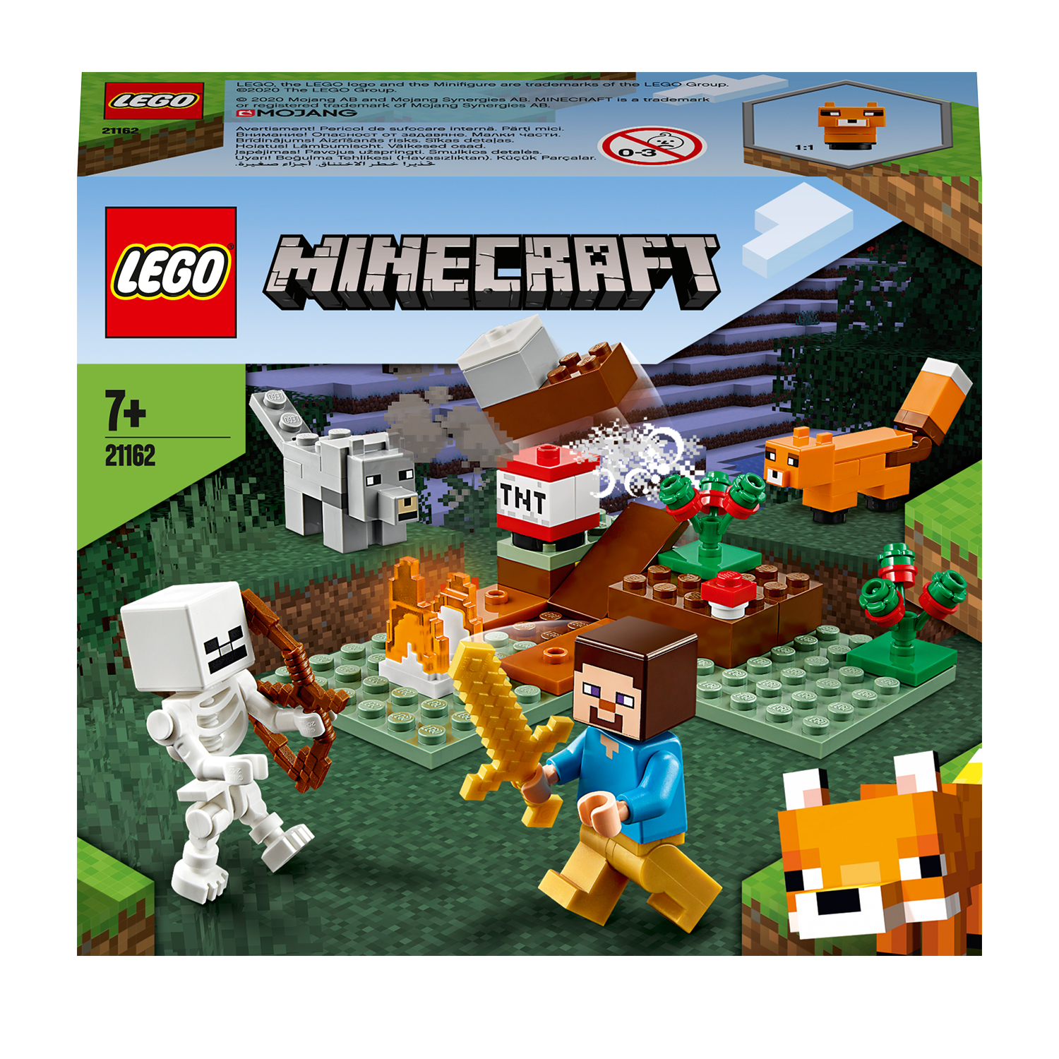Pudełko zestawu Lego Minecraft. Zestaw Minecraft z postaciami, szkieletem i lisem.
