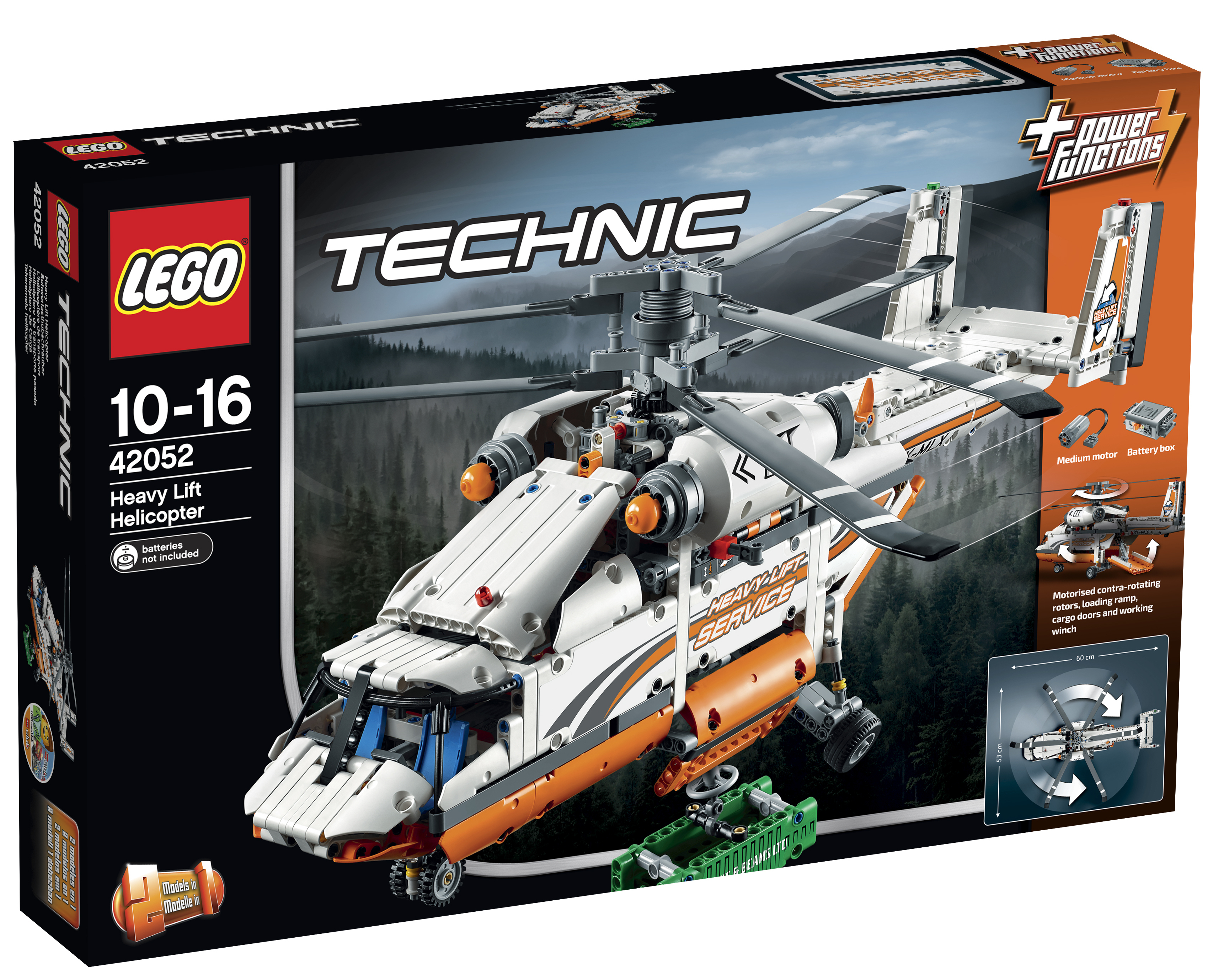 Lego Technic helikopterdoos, wit en oranje, met details van het model en functies.