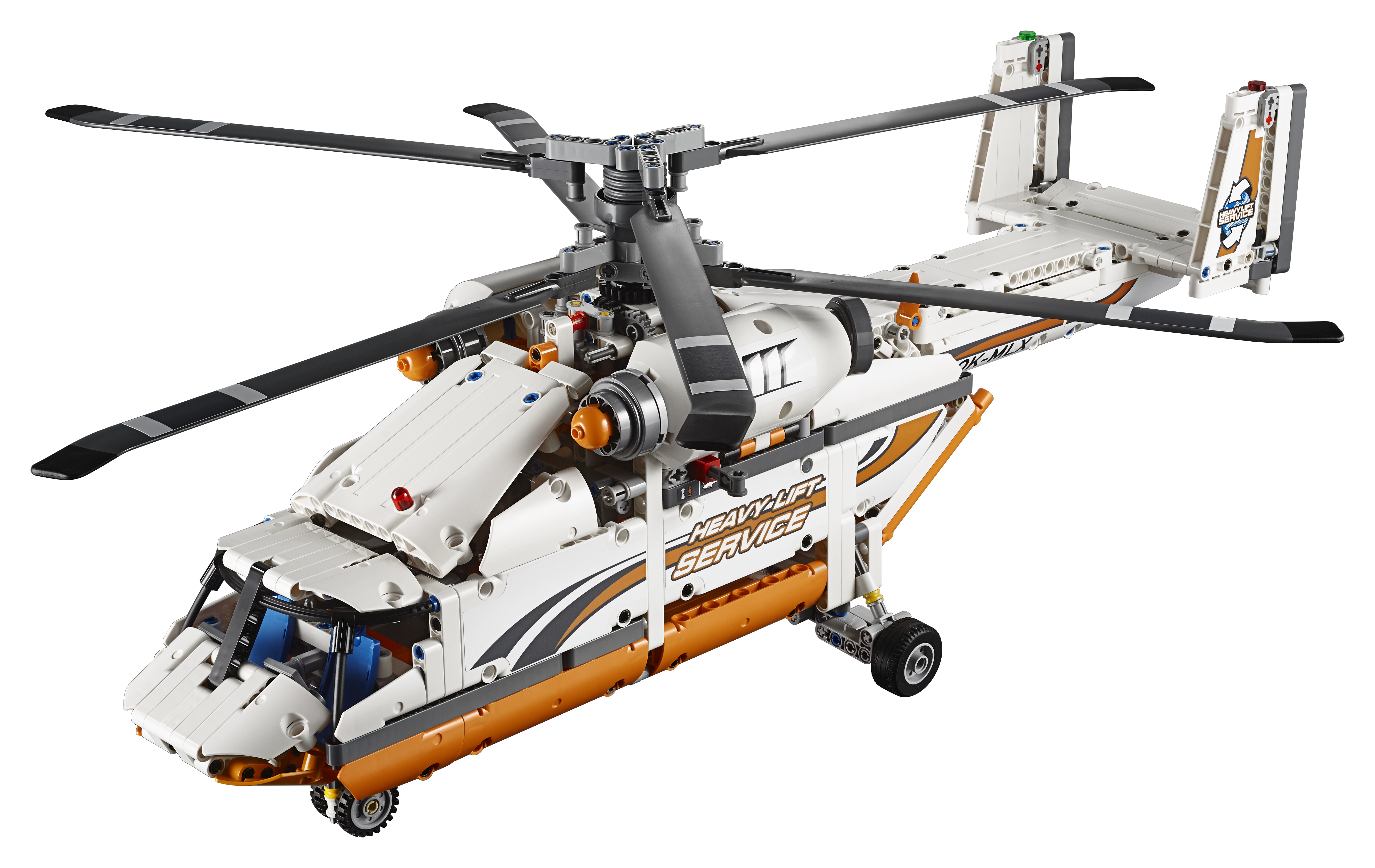 Lego Technic Heavy Lift Helicopter. Witte en oranje helikopter met zwarte bladen.