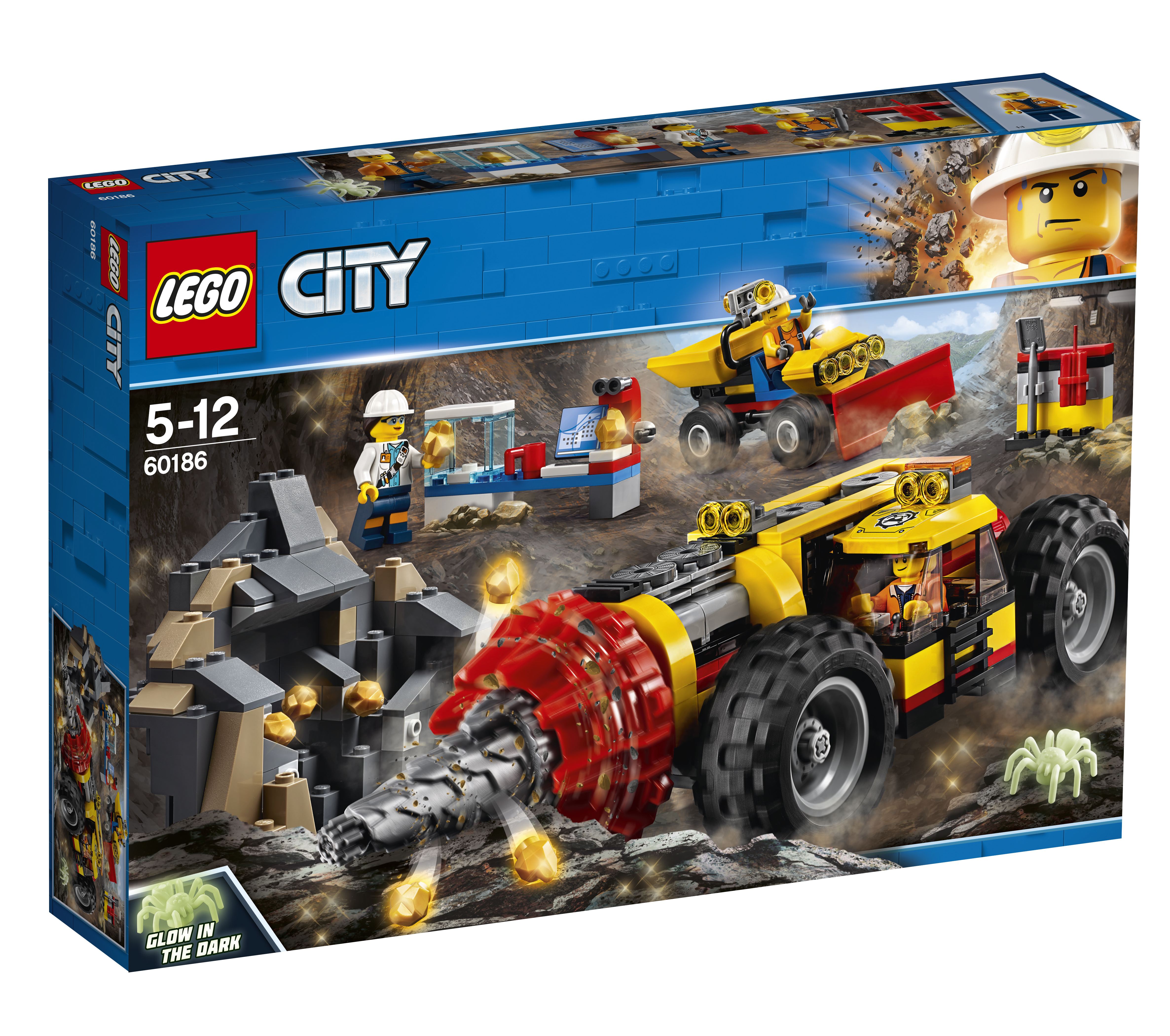 Lego City mijnbouwset doos, gele boor, figuren en een mijningang in een rotsachtige omgeving.