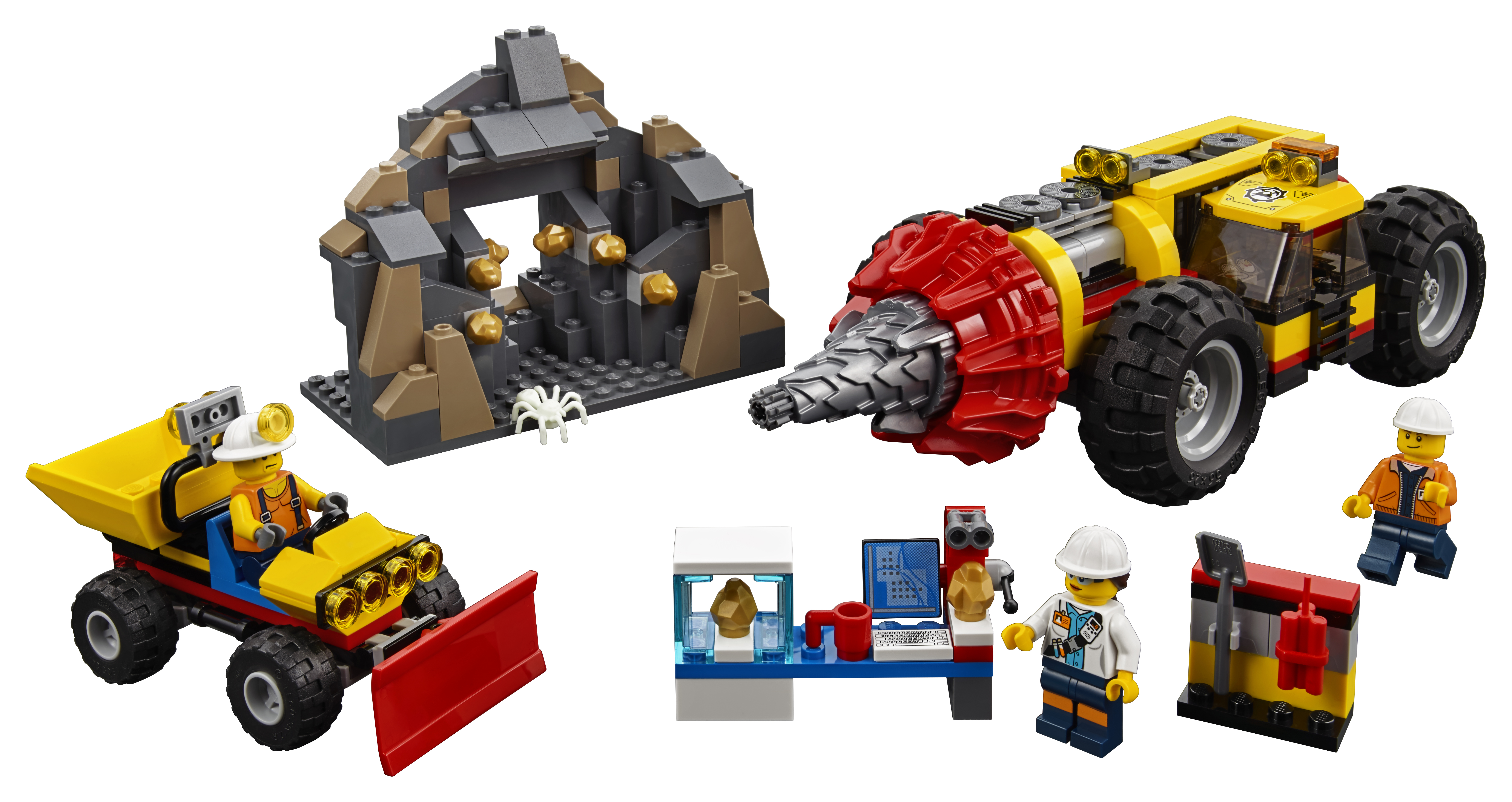Een Lego City-mijnbouwset met figuren, voertuigen en een mijningang op een witte achtergrond.