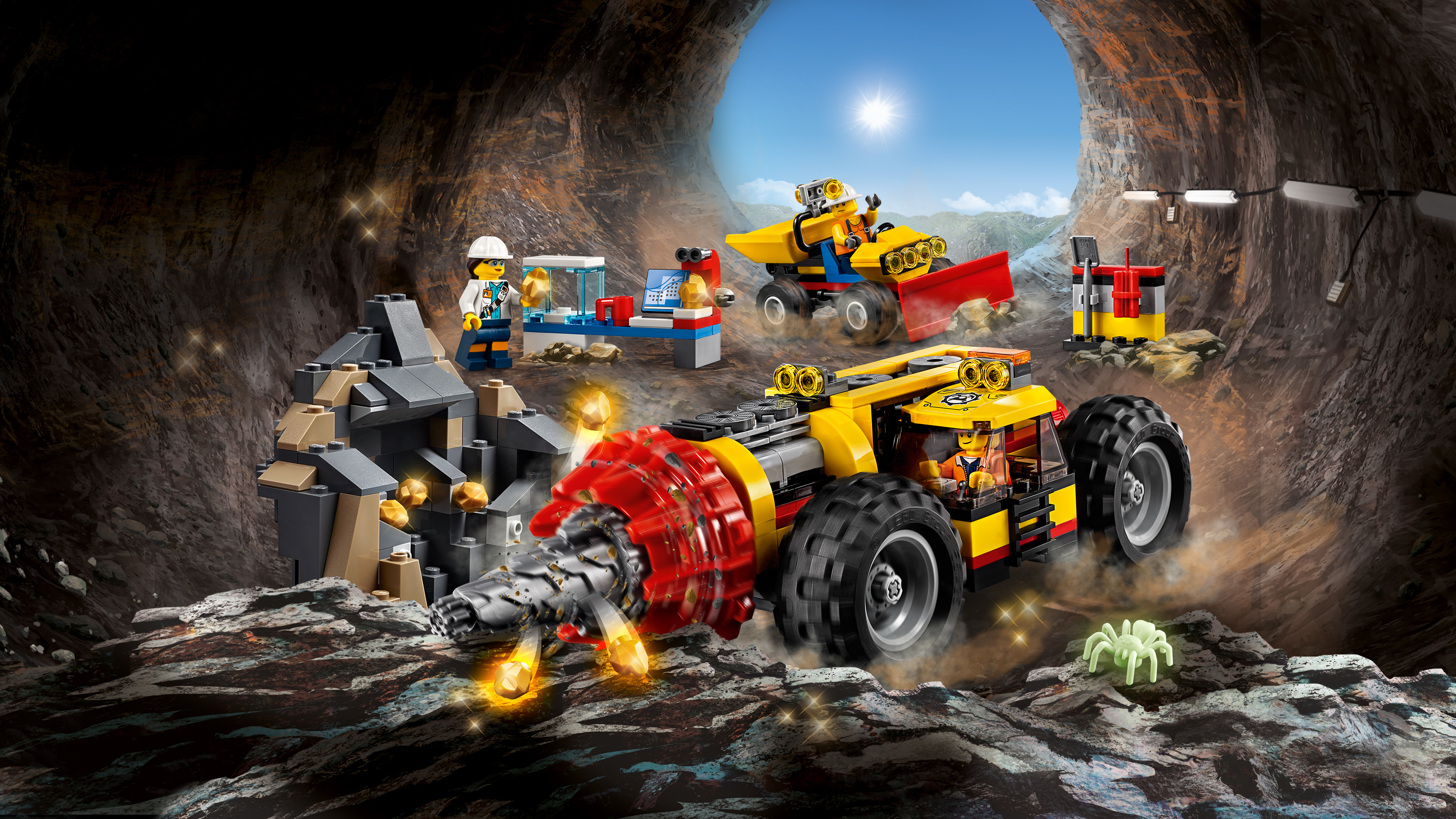 LEGO City mijnset. Inclusief boorvoertuig, graafmachine en figuren in een grot met goud.