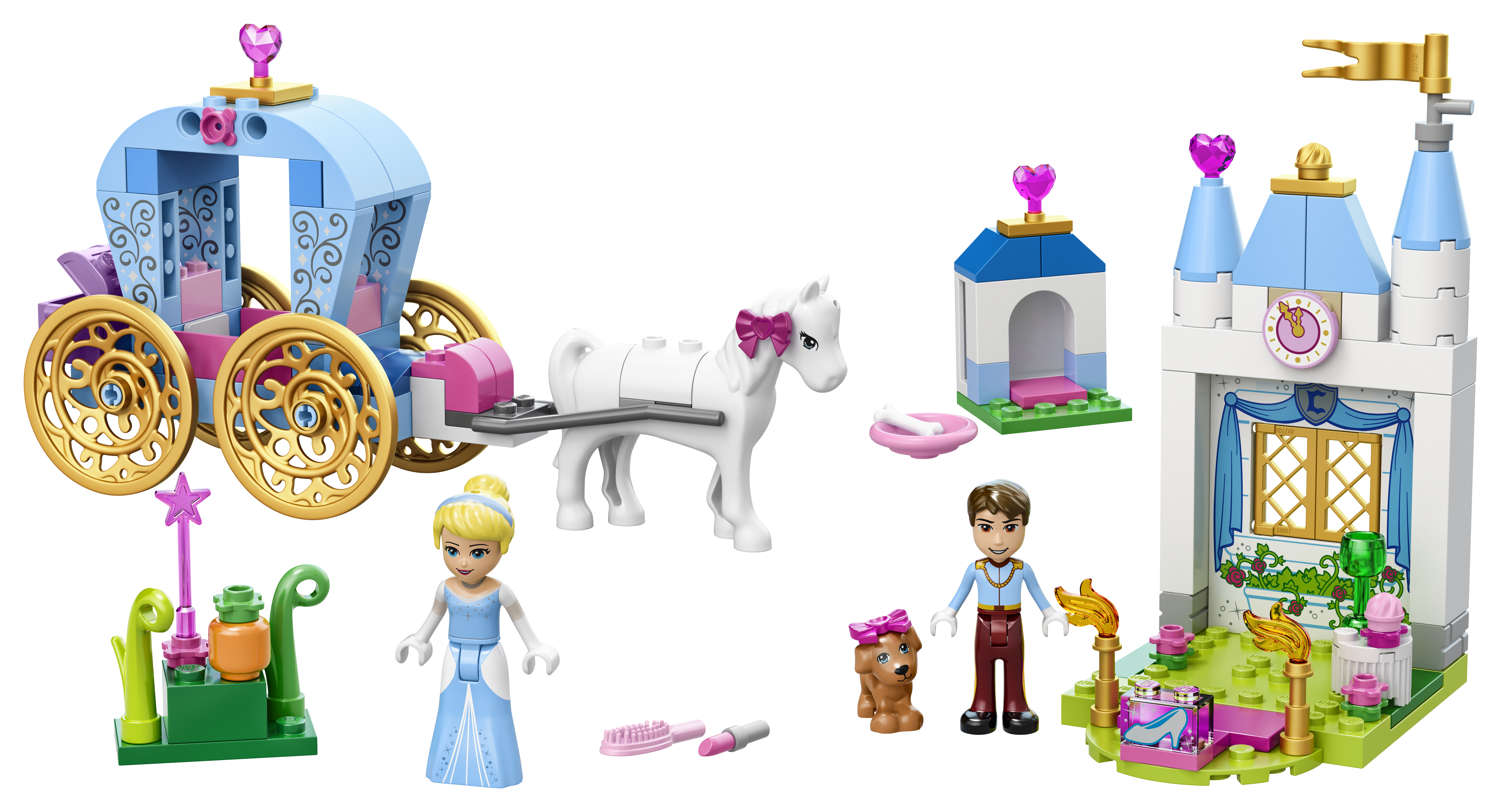 Araba, at, külkedisi, prens, kale ve diğer aksesuarlarla Lego seti.
