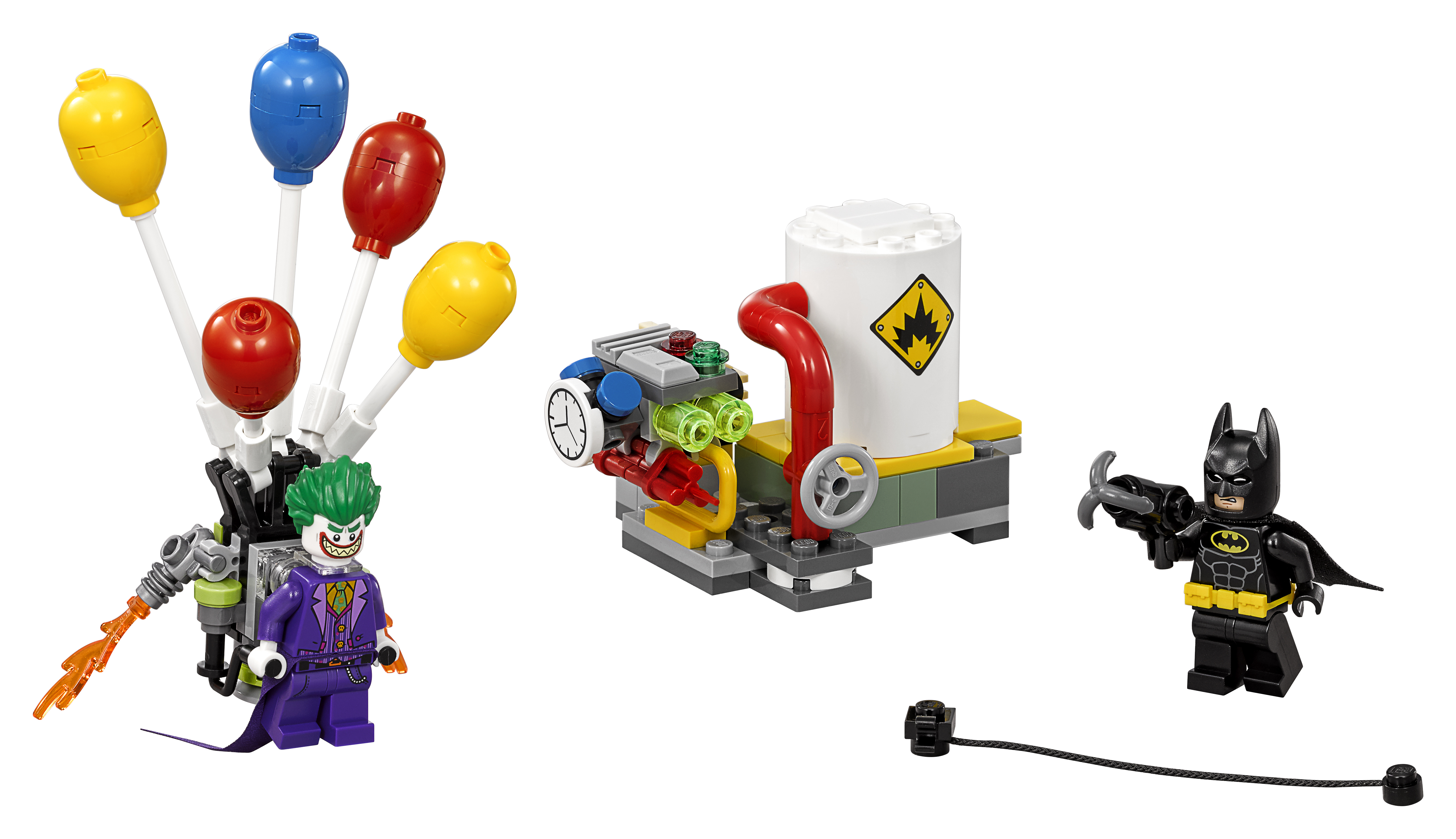 Lego set met Joker met ballonnen, een chemische tank en Batman.
