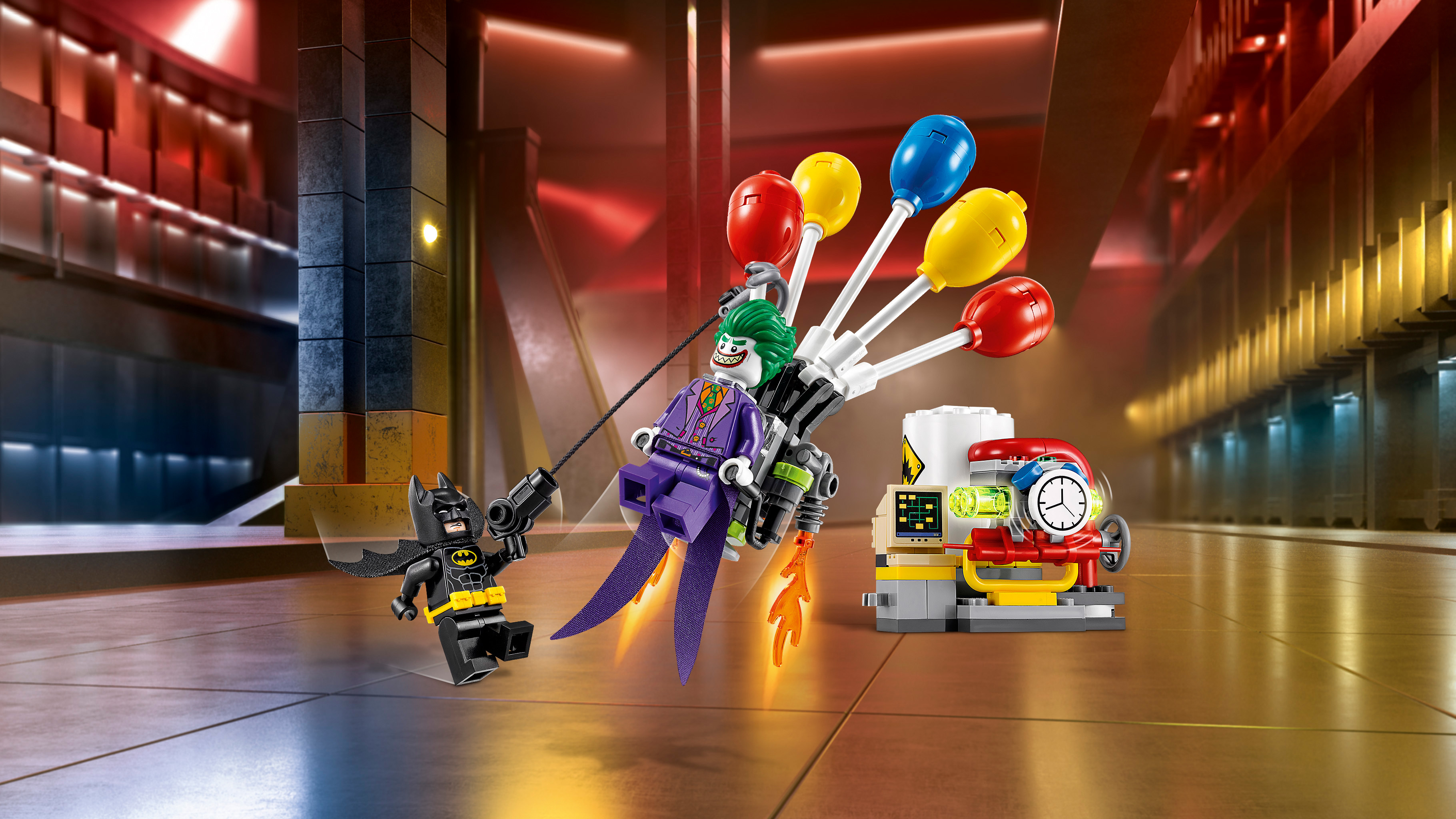 Lego set met Batman die Joker met ballonnen achtervolgt in een futuristische setting.