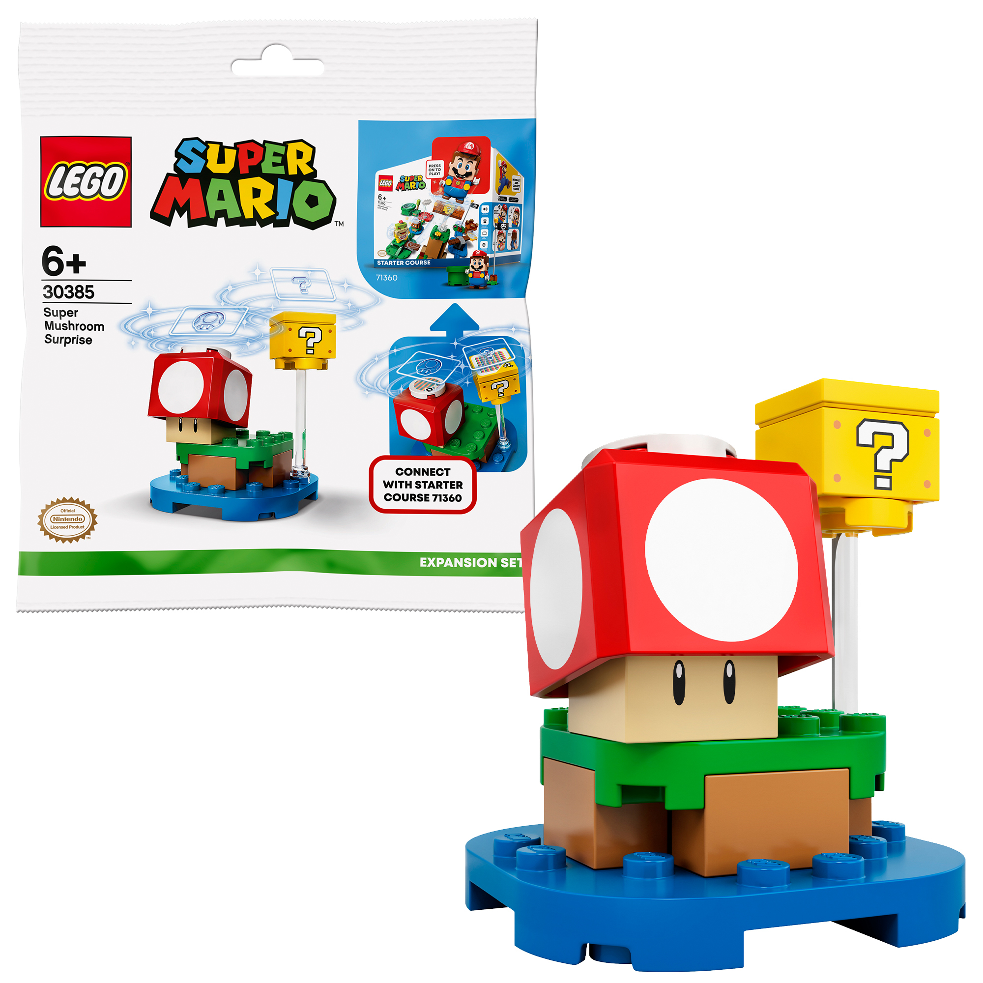 Set Lego Super Mario con un fungo rosso, un blocco punto interrogativo e una base blu. Sfondo bianco.