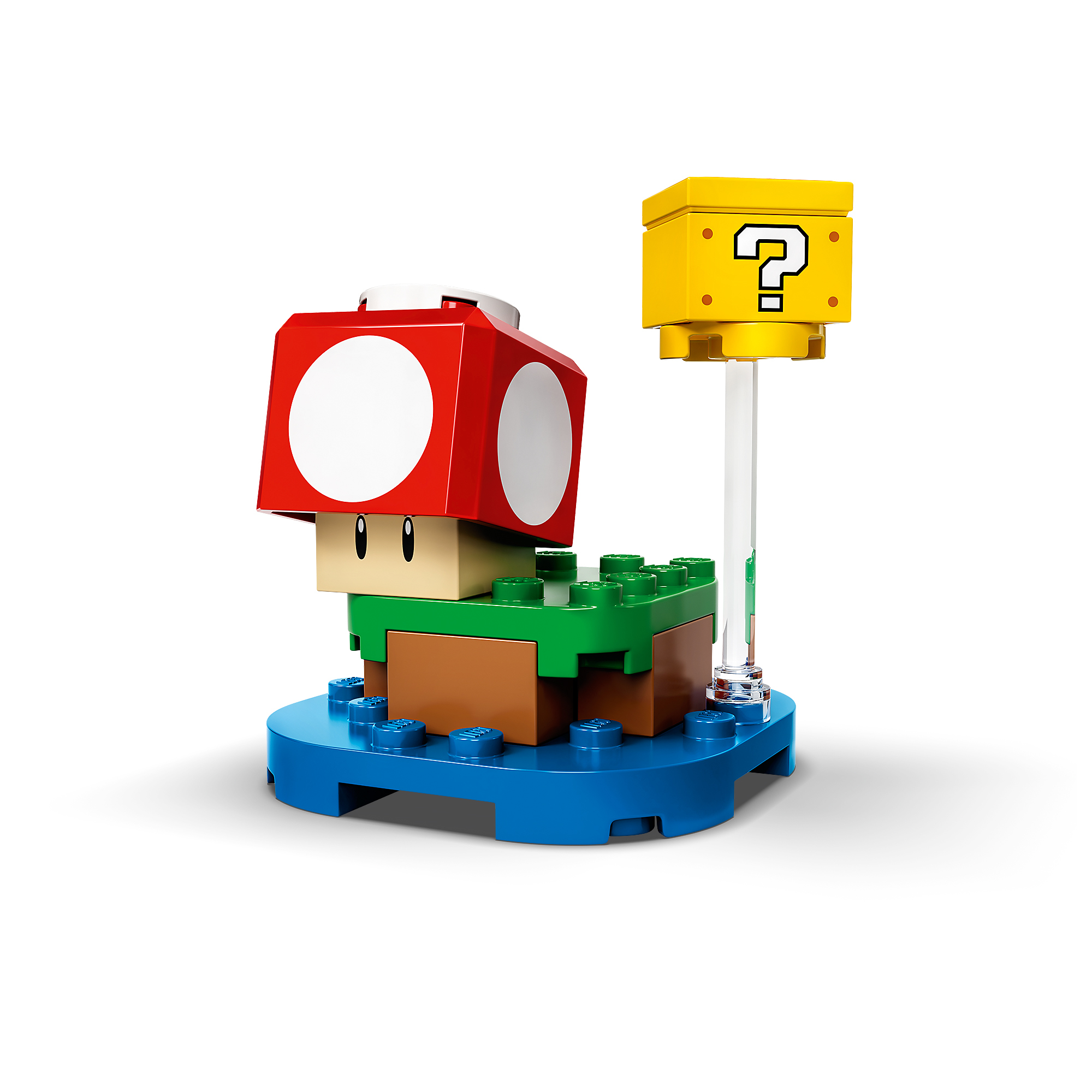 Un set LEGO Super Mario con un personaggio fungo e un blocco punto interrogativo.
