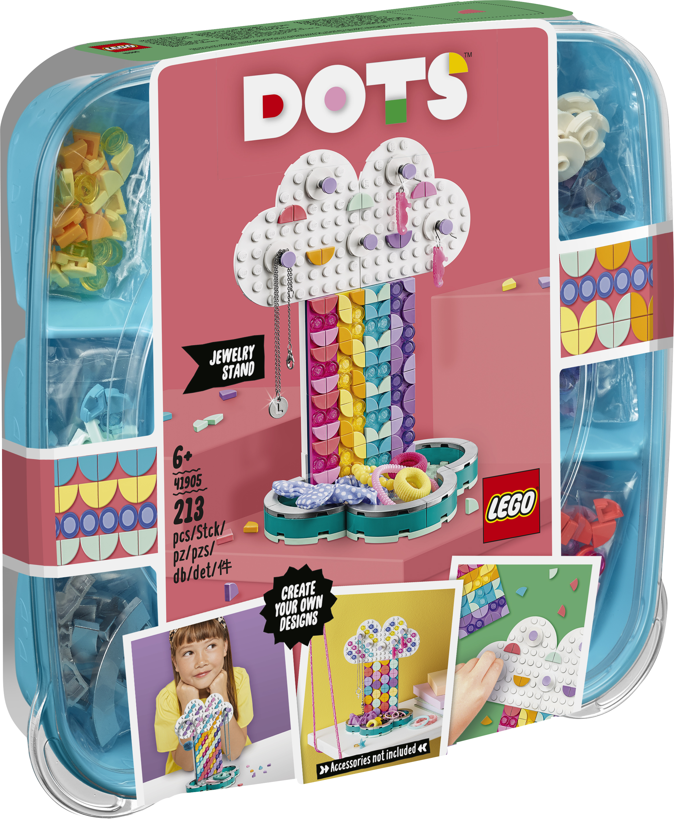 Scatola del set Lego DOTS. Mostra un porta gioielli realizzato con pezzi Lego colorati, accessori inclusi.