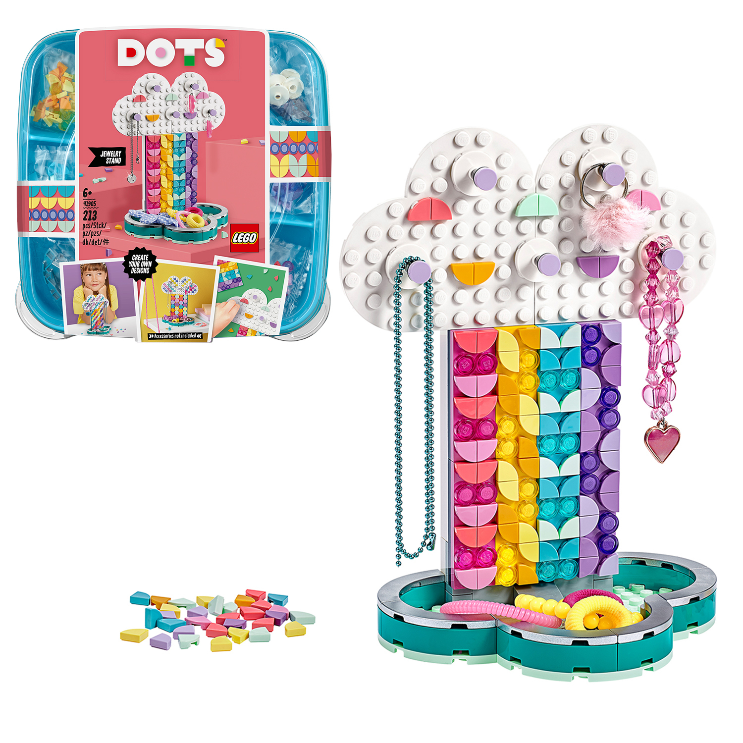 Un set LEGO Dots con un porta gioielli, perline e un contenitore con accessori.