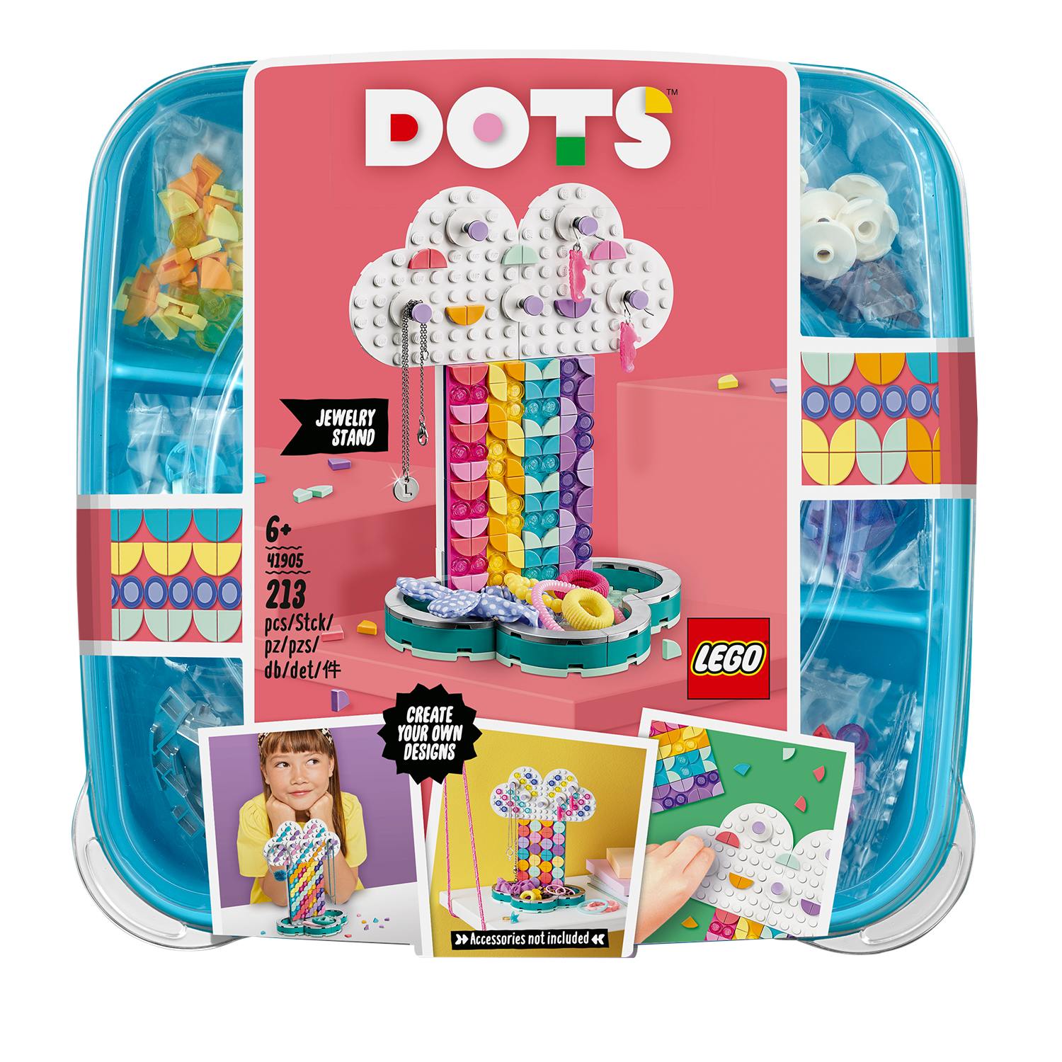 Un set Lego Dots, un contenitore blu con accessori e gioielli su sfondo bianco.