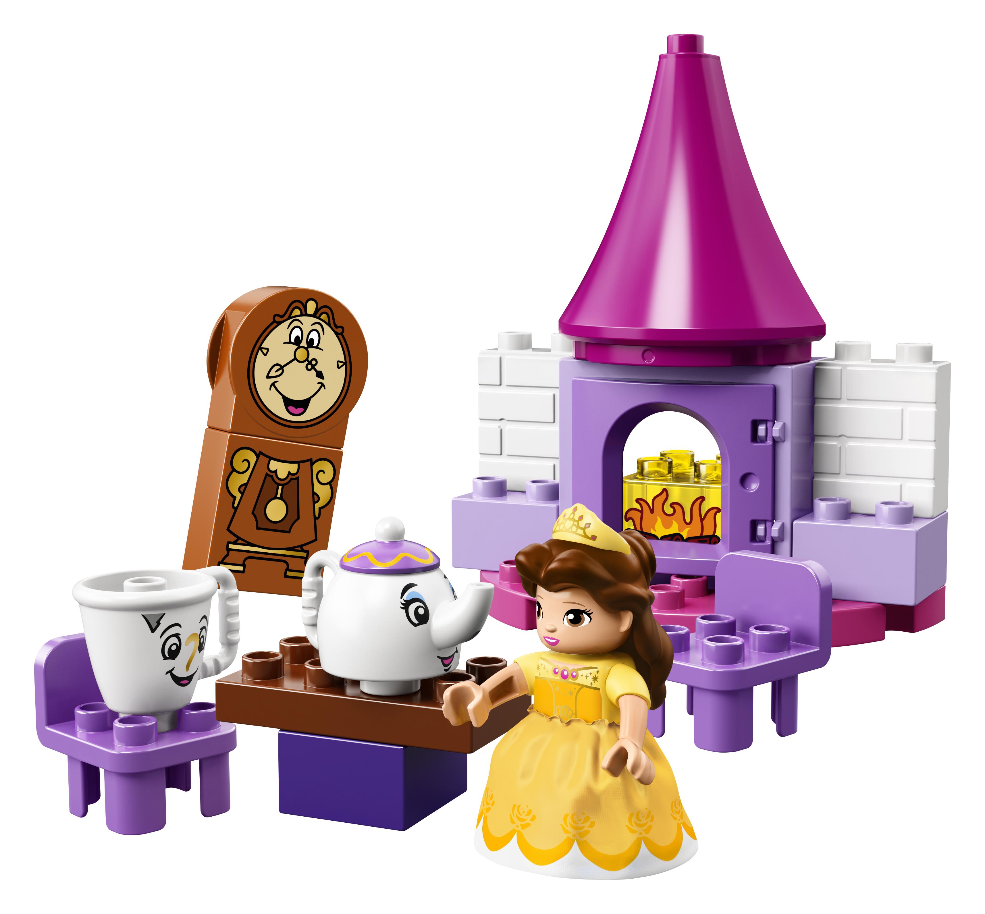 Set Lego con personaggio di Belle, parti del castello e mobili. Presenti anche teiera e orologio.