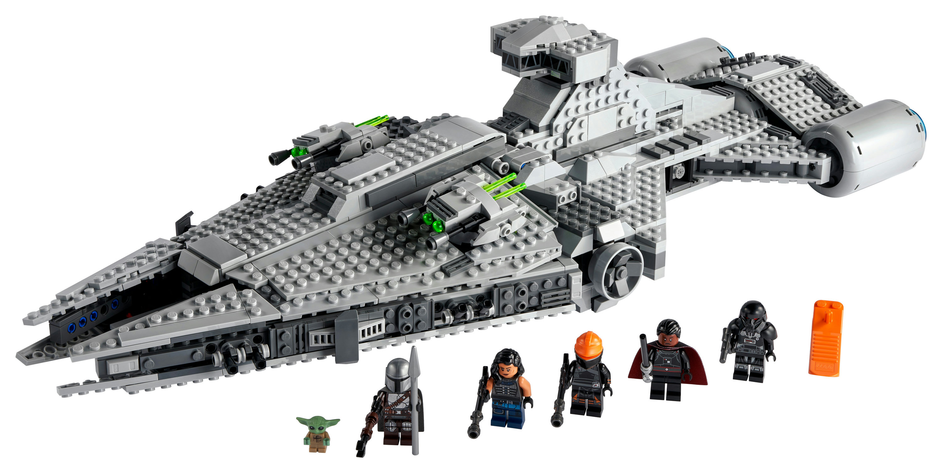Lego Star Wars gemisi, Grogu, Mando, Boba Fett, karanlık asker ve diğer minifigürlerle.