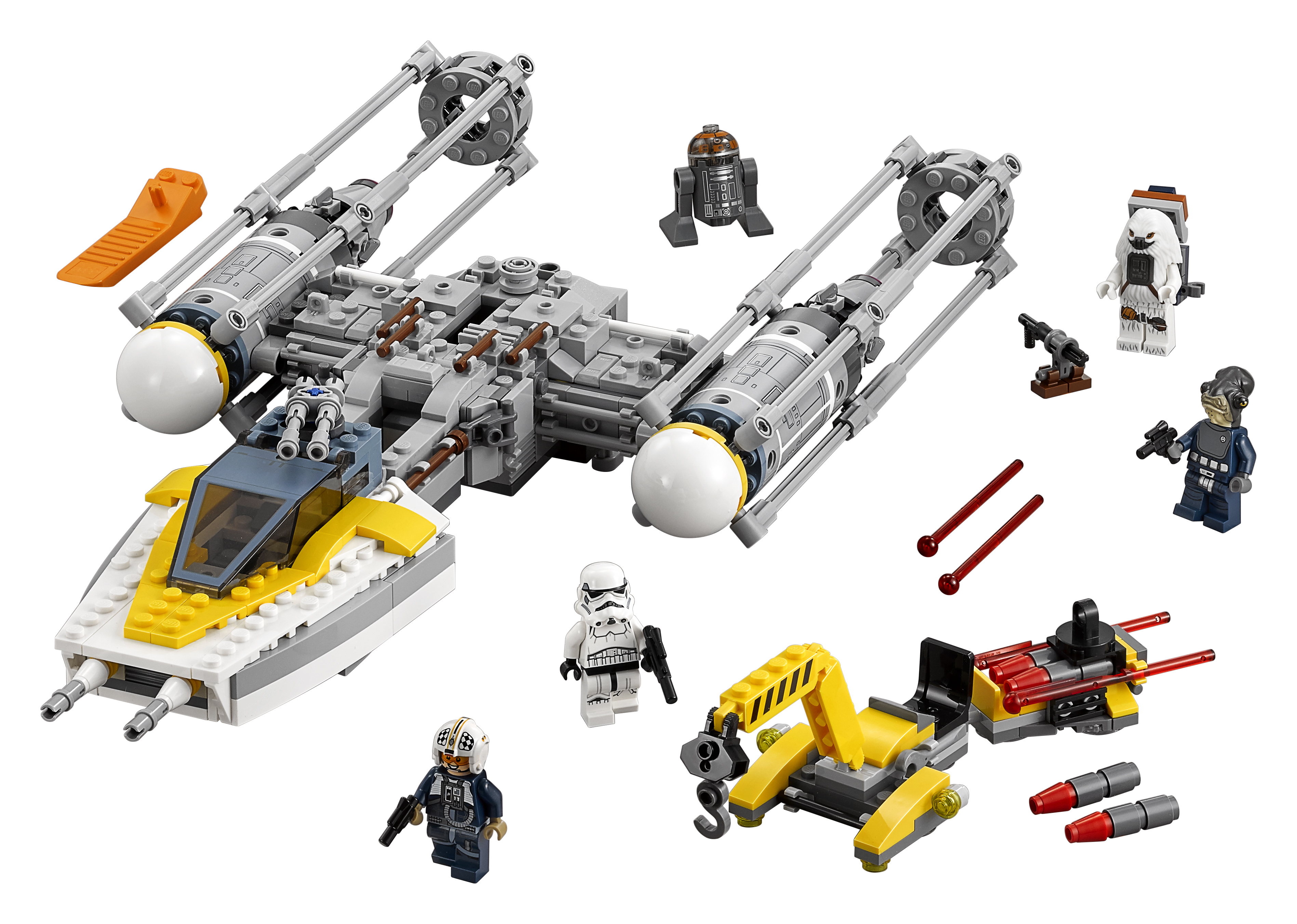 Zestaw LEGO Star Wars Y-wing starfighter z minifigurkami i pojazdem serwisowym.