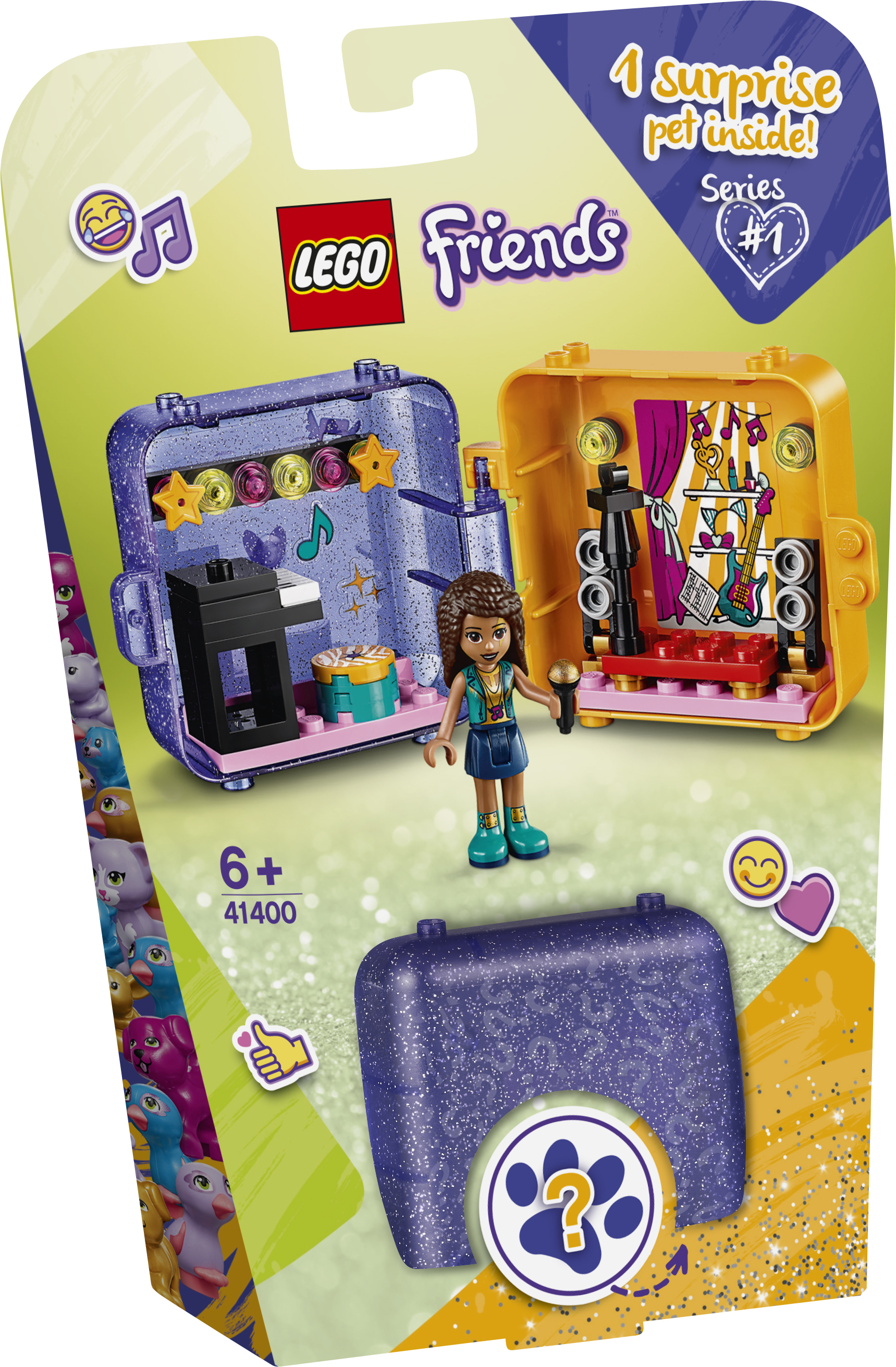 Scatola del set LEGO Friends con palco, pianoforte e una figura di ragazza con microfono.