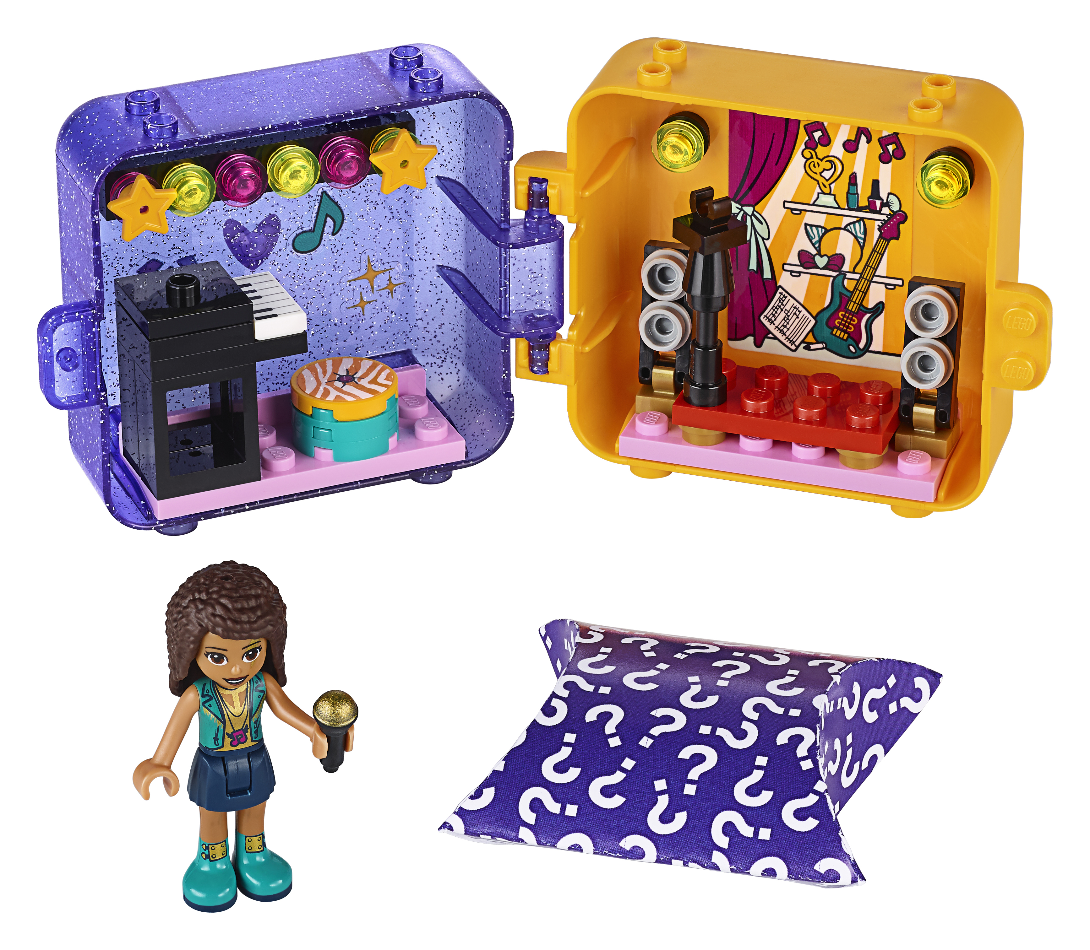 Set Lego Friends. Un palco con tastiera e microfono. Una figura che tiene un microfono. Viola e giallo.