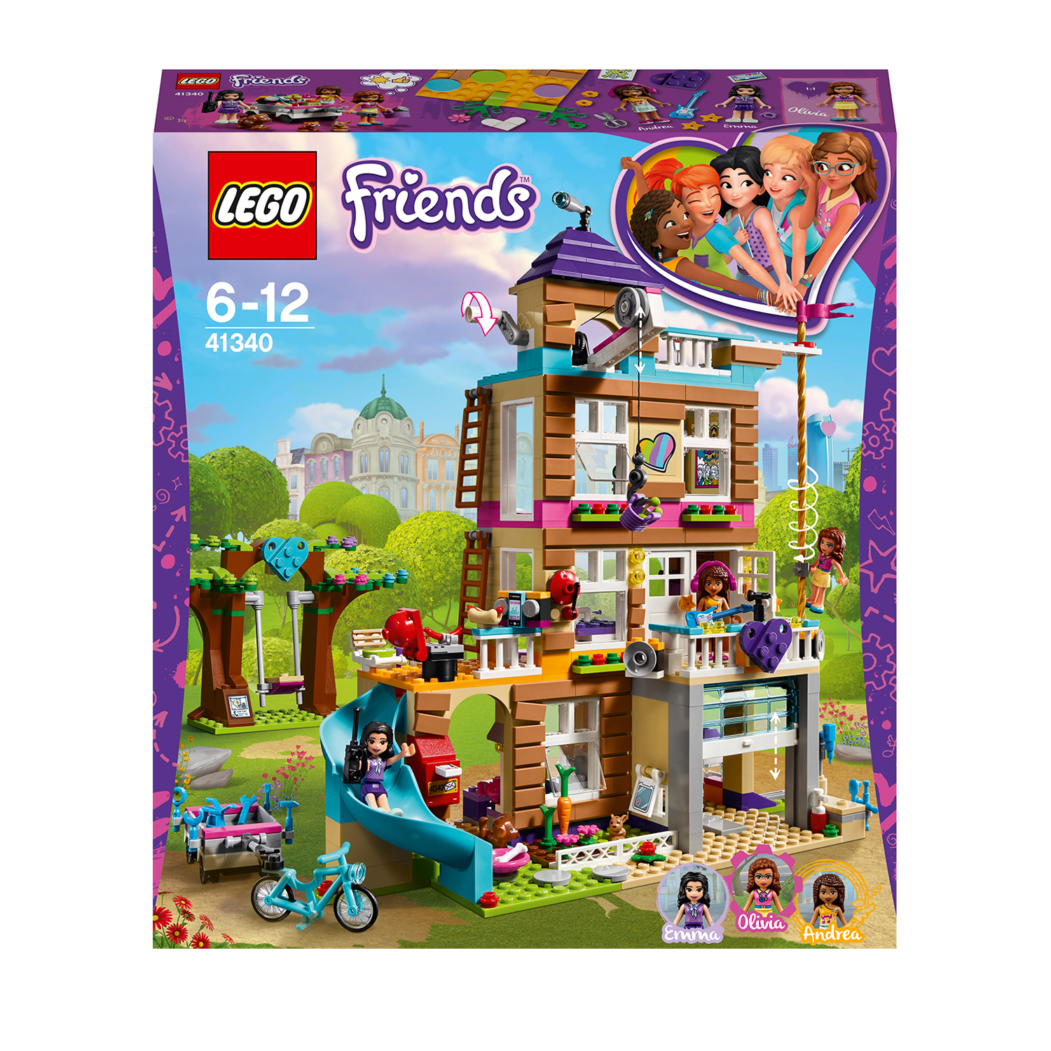 Pudełko zestawu Lego Friends z wielopiętrowym domem, figurkami i elementami zewnętrznymi.