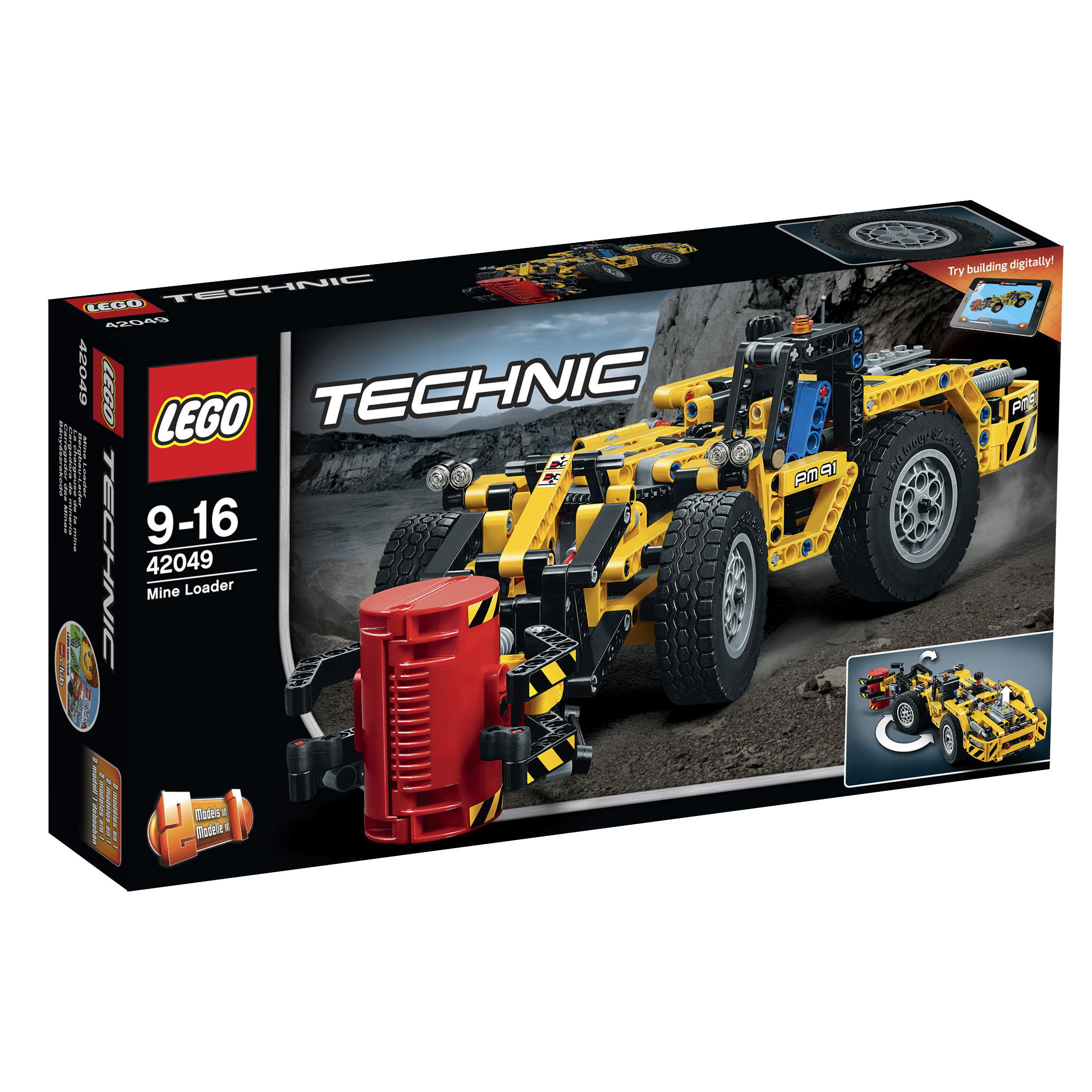 Lego Technic Mine Loader doos, met een geel lader model en een rode container.