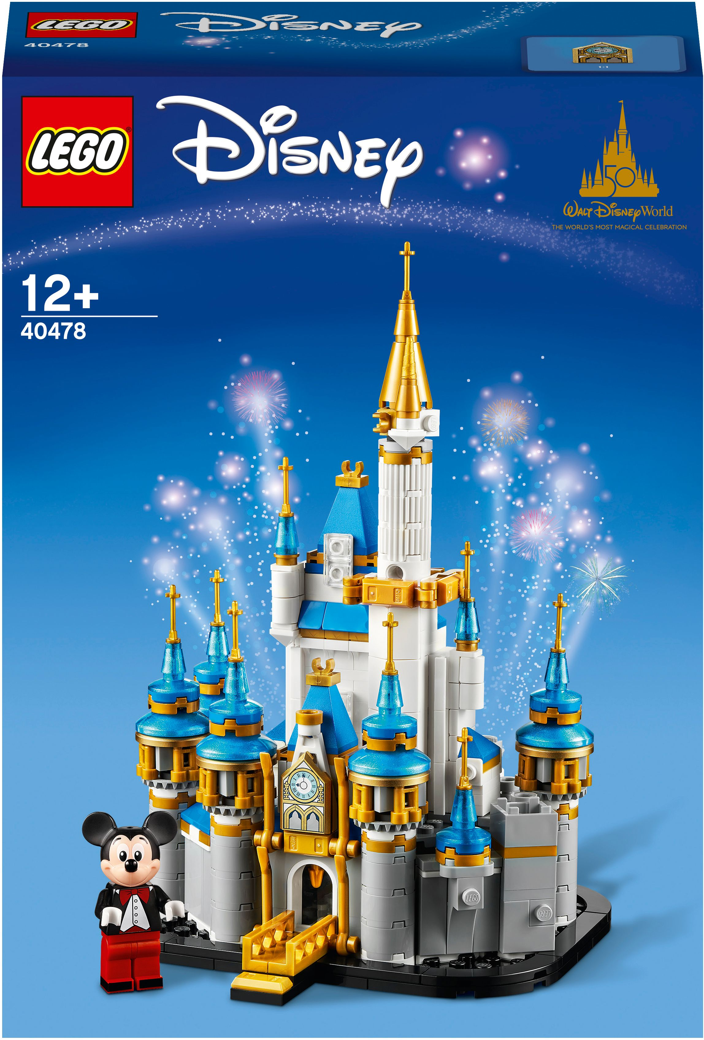 Pudełko zestawu Lego Disney z zamkiem z niebieskimi wieżami i minifigurką Myszki Miki.