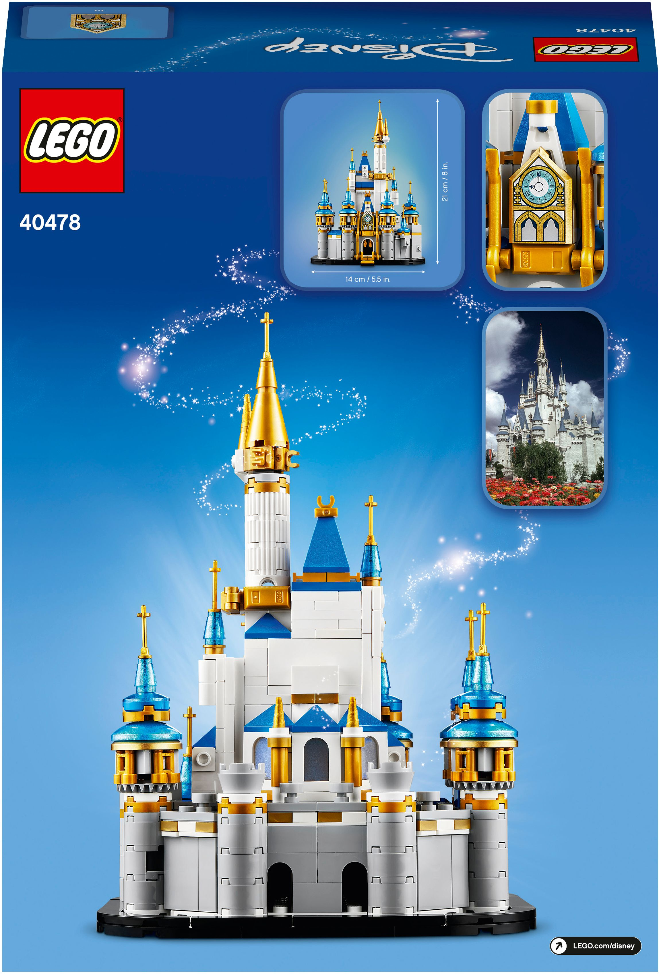Grafika pudełka Lego Disney Castle, przedstawiająca model zamku z niebieskimi i złotymi akcentami.