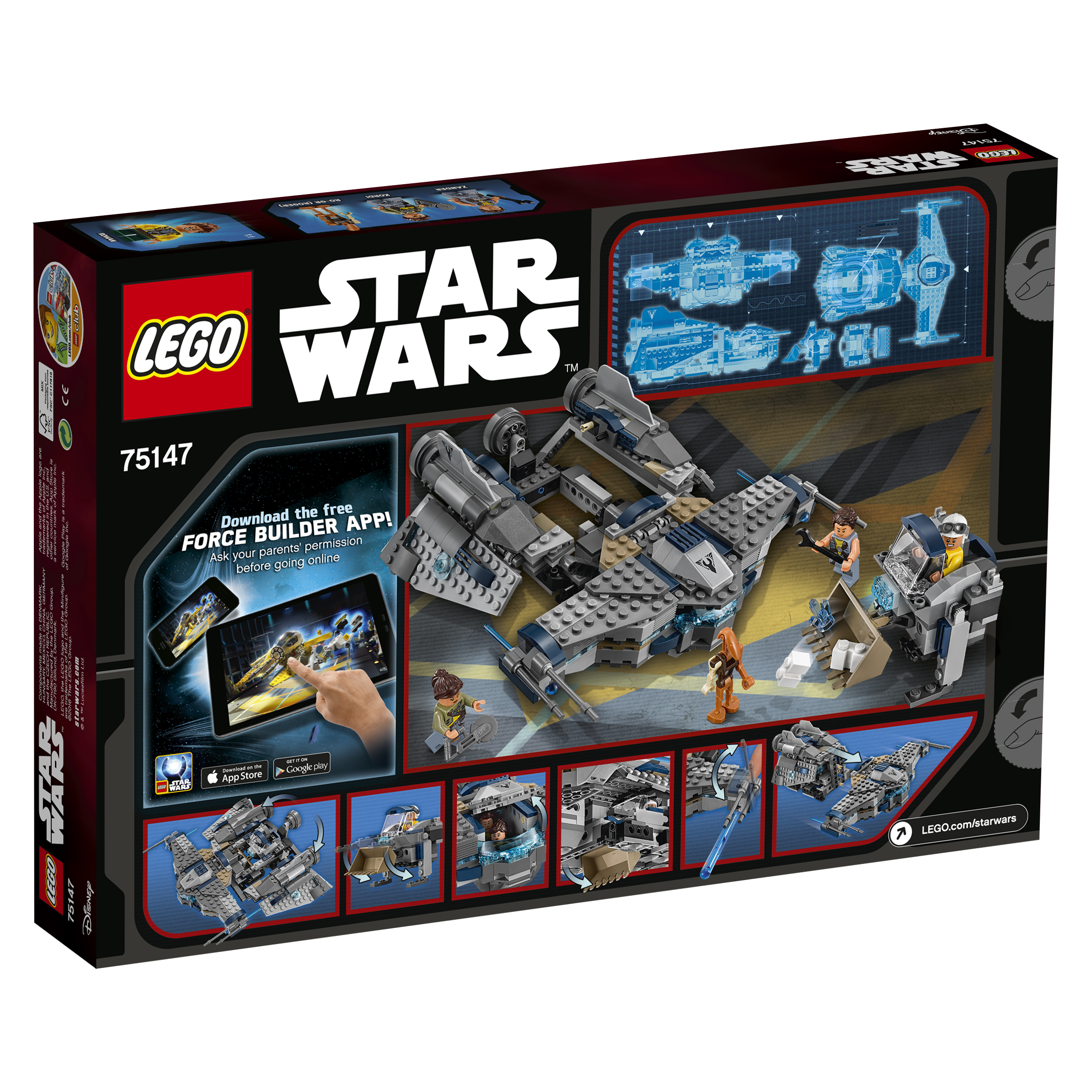 Lego Star Wars Set. Die Box zeigt ein graues Raumschiff mit zwei Piloten und einem Droiden im Cockpit.