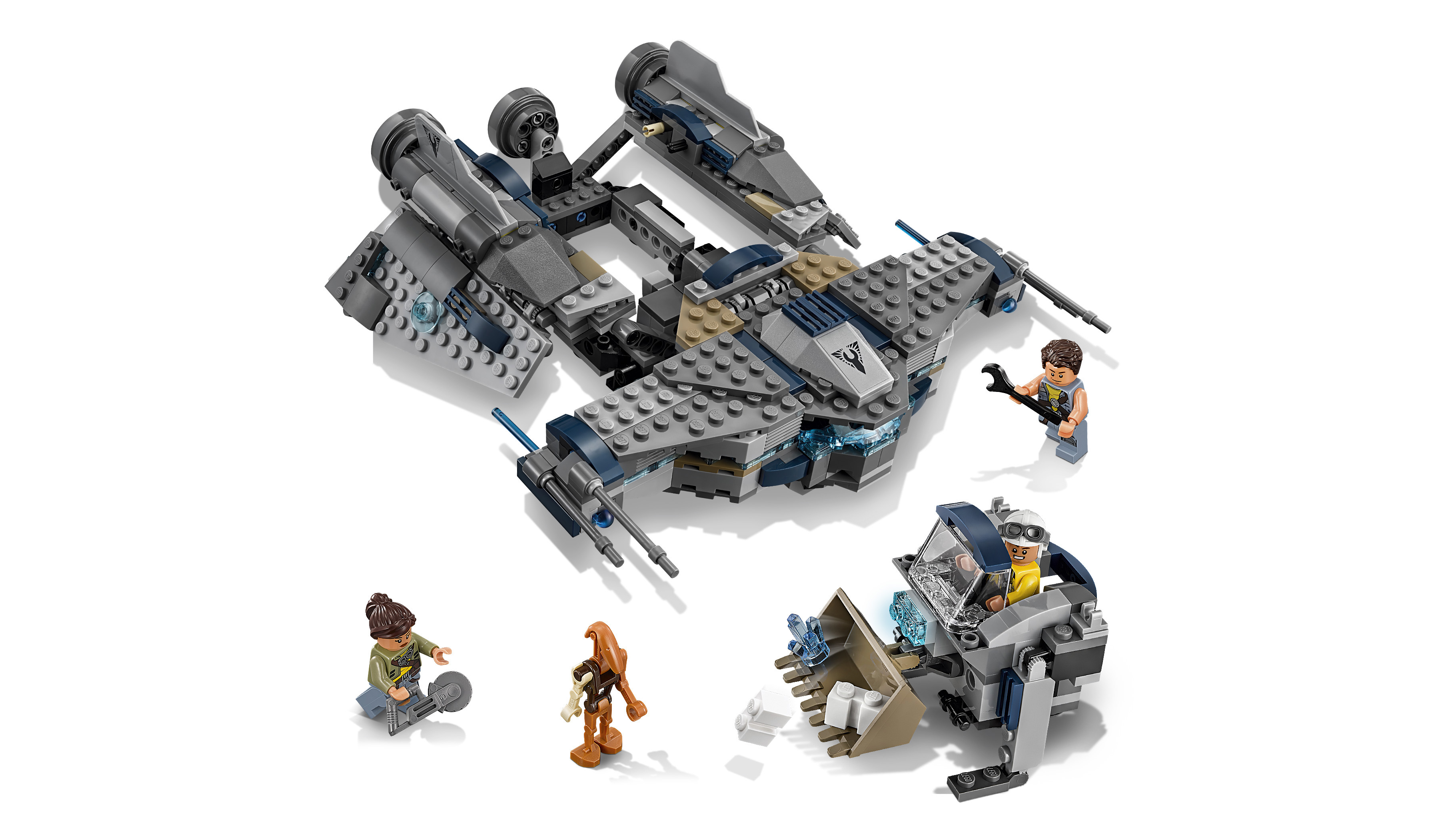 Lego Star Wars Set. Ein Schiff und zwei Minifiguren. Weißer Hintergrund. Grau- und Schwarzfarben.