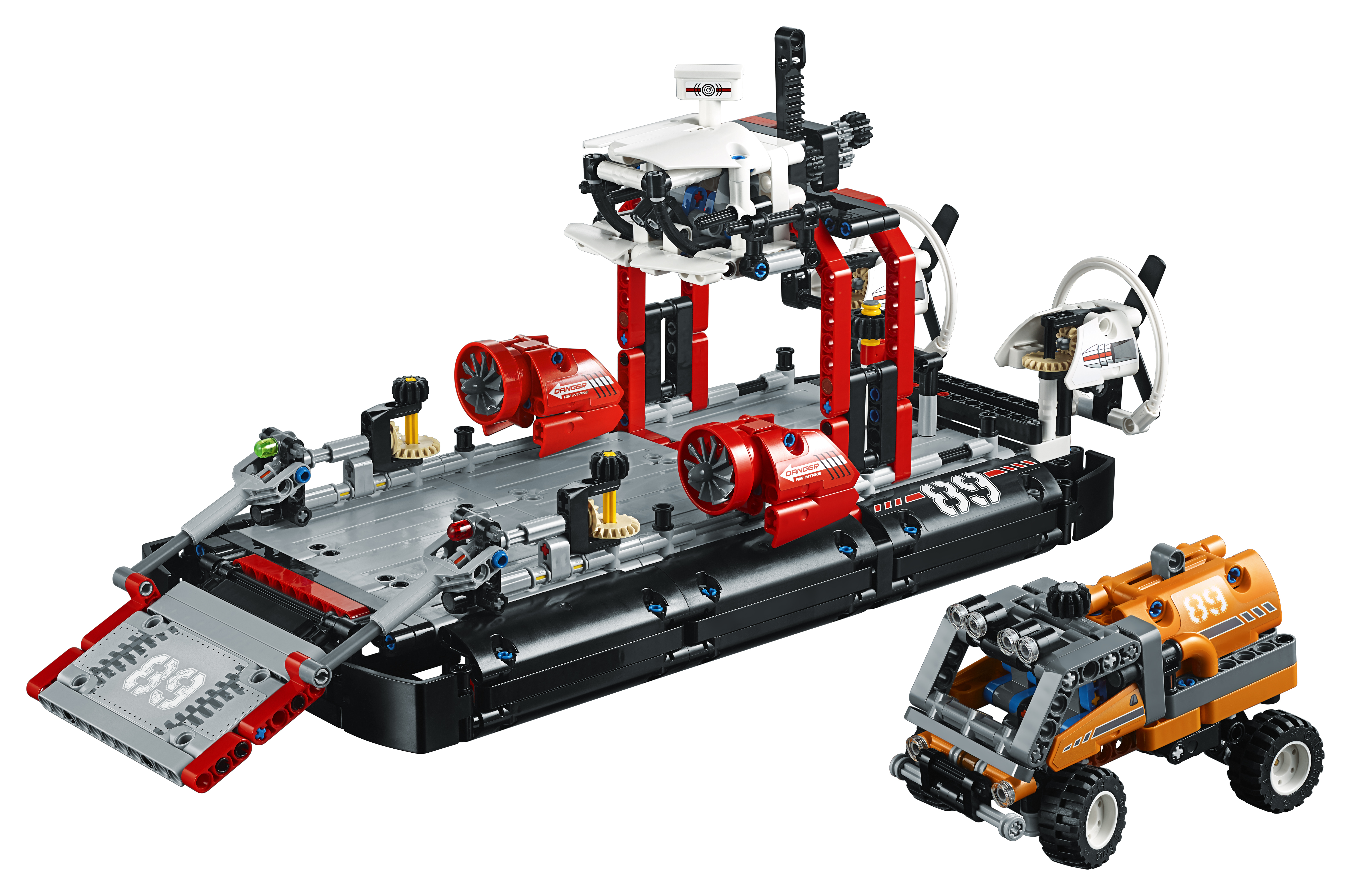 LEGO Technic set van een hovercraft en een bijbehorend voertuig.