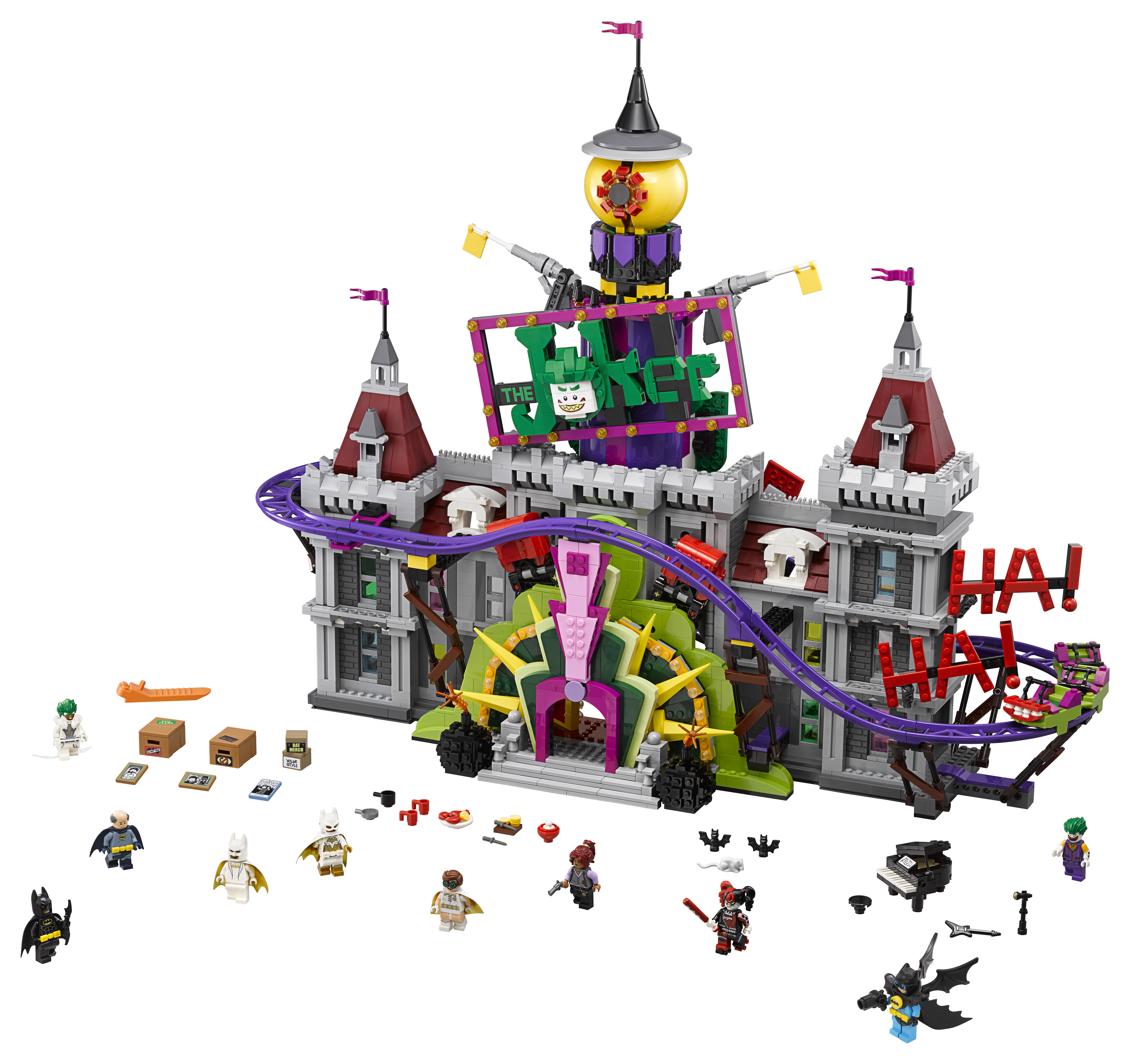 Lego Batman set. Een gedetailleerd kasteel met een achtbaan, minifiguren waaronder Batman en The Joker.