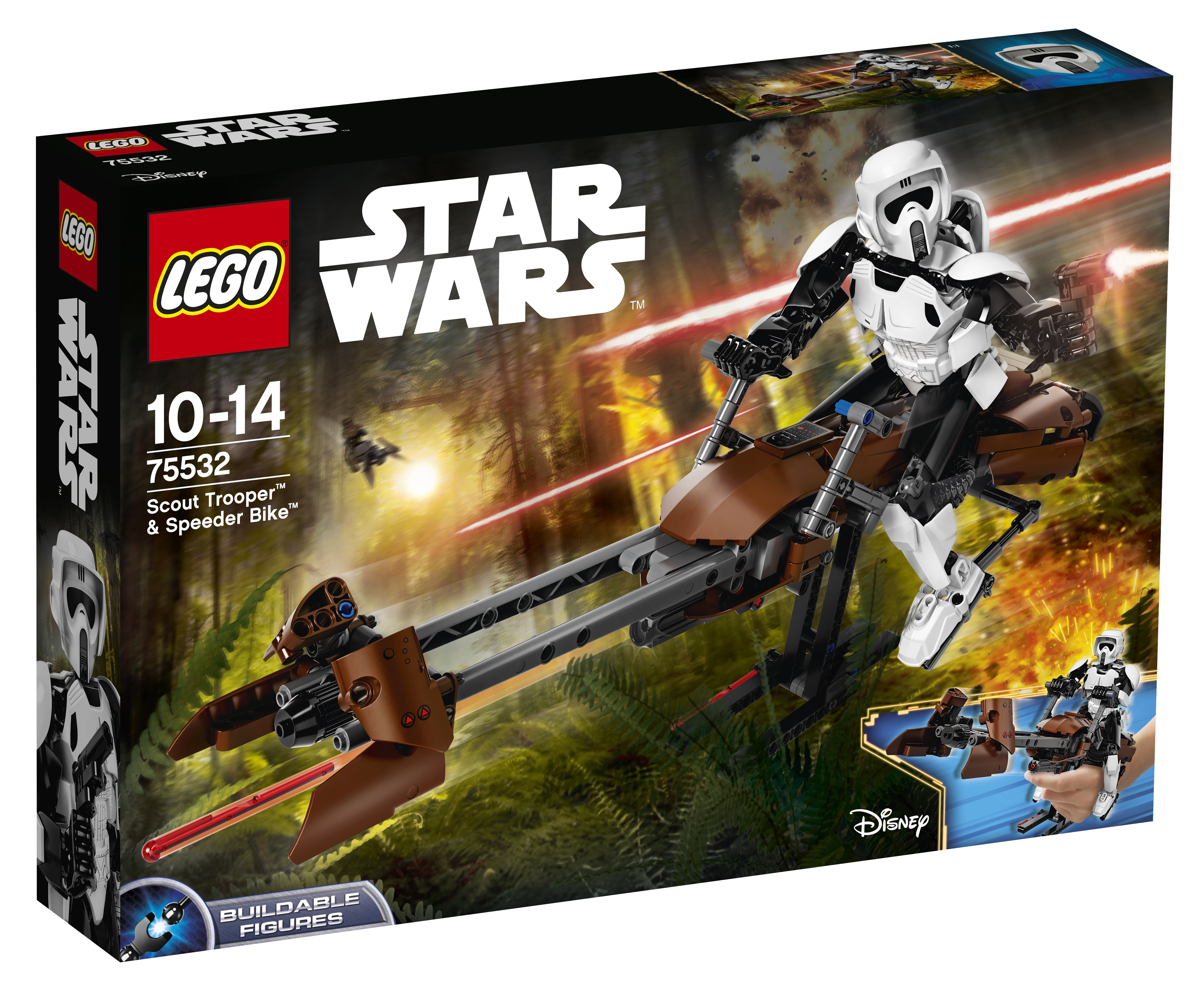 Pudełko z zestawem Lego Star Wars z żołnierzem zwiadowczym na ścigaczu. Zawiera pudełko z motywem Gwiezdnych Wojen.