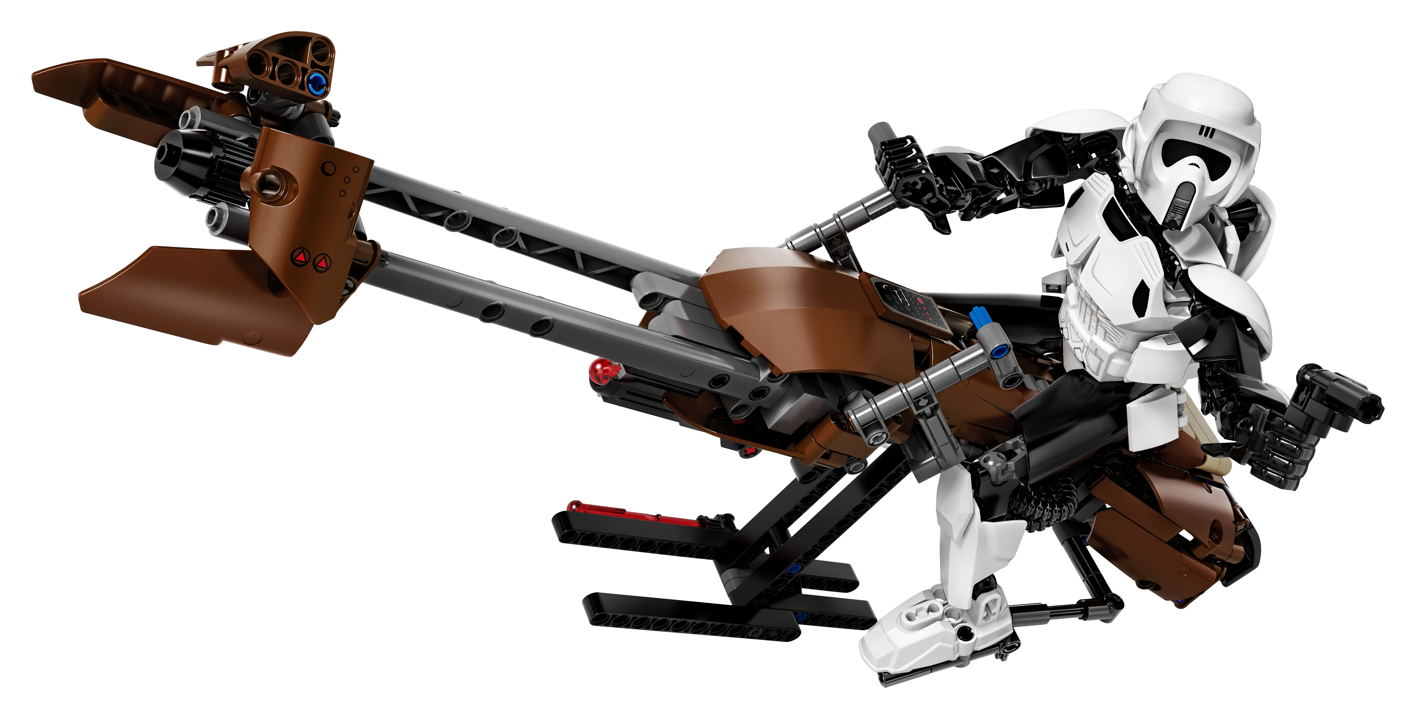 Lego Star Wars Scout Trooper na ścigaczu. Rower jest brązowy i szary. Żołnierz jest biały.