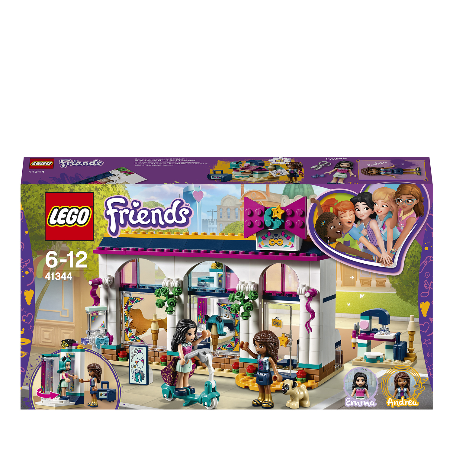 Zestaw Lego Friends pokazujący sklep, figurki i akcesoria na białym tle.