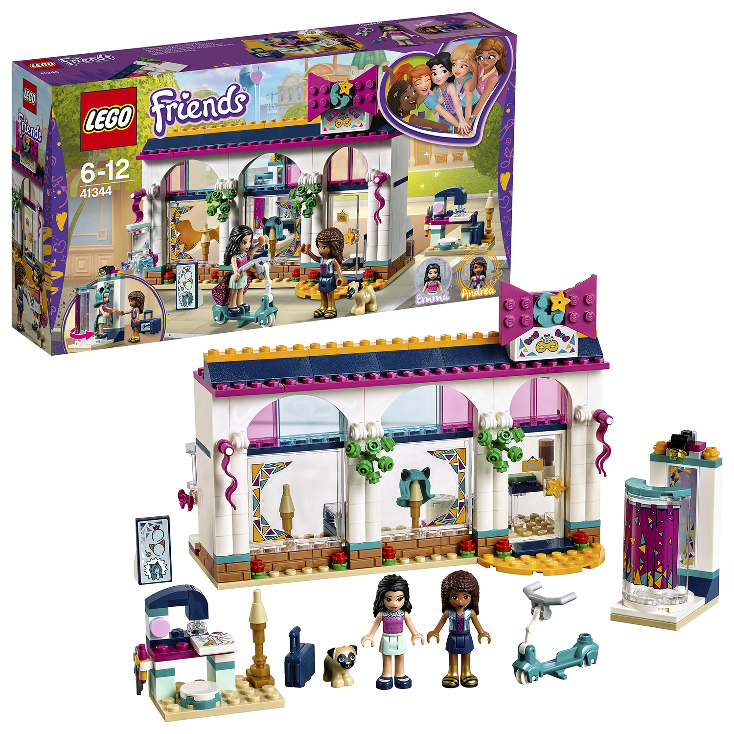 Zestaw Lego Friends ze sklepem i figurkami. Pudełko pokazuje budynek. Białe tło.