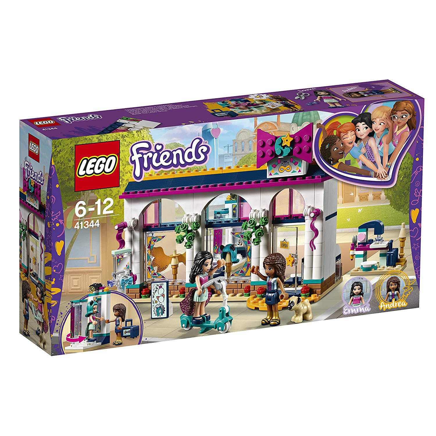 Zestaw sklepowy Lego Friends z figurkami, akcesoriami i fasadą budynku.