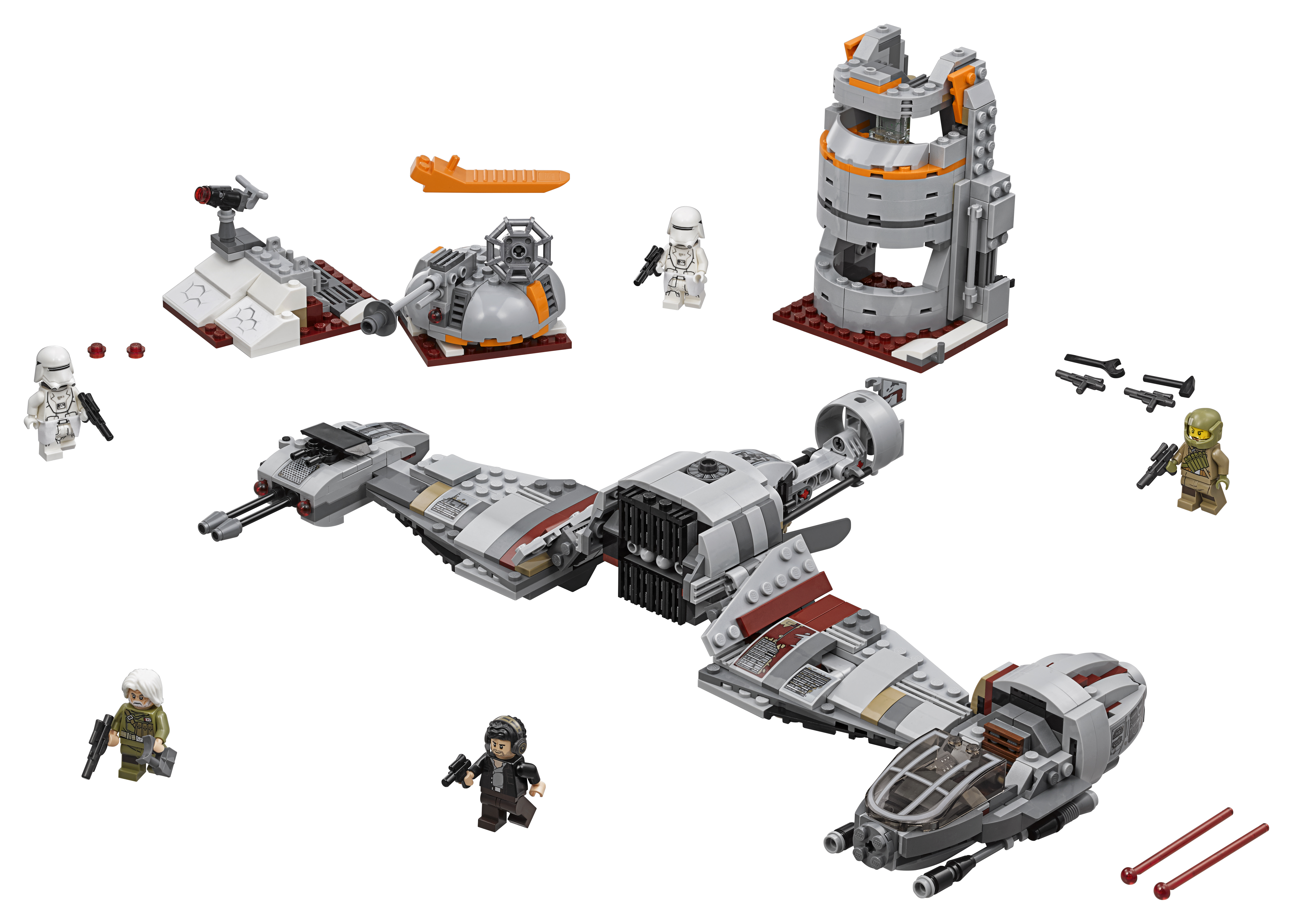 Zestaw Lego Star Wars z Y-wingiem, pojazdami, minifigurkami i różnymi elementami budowlanymi.