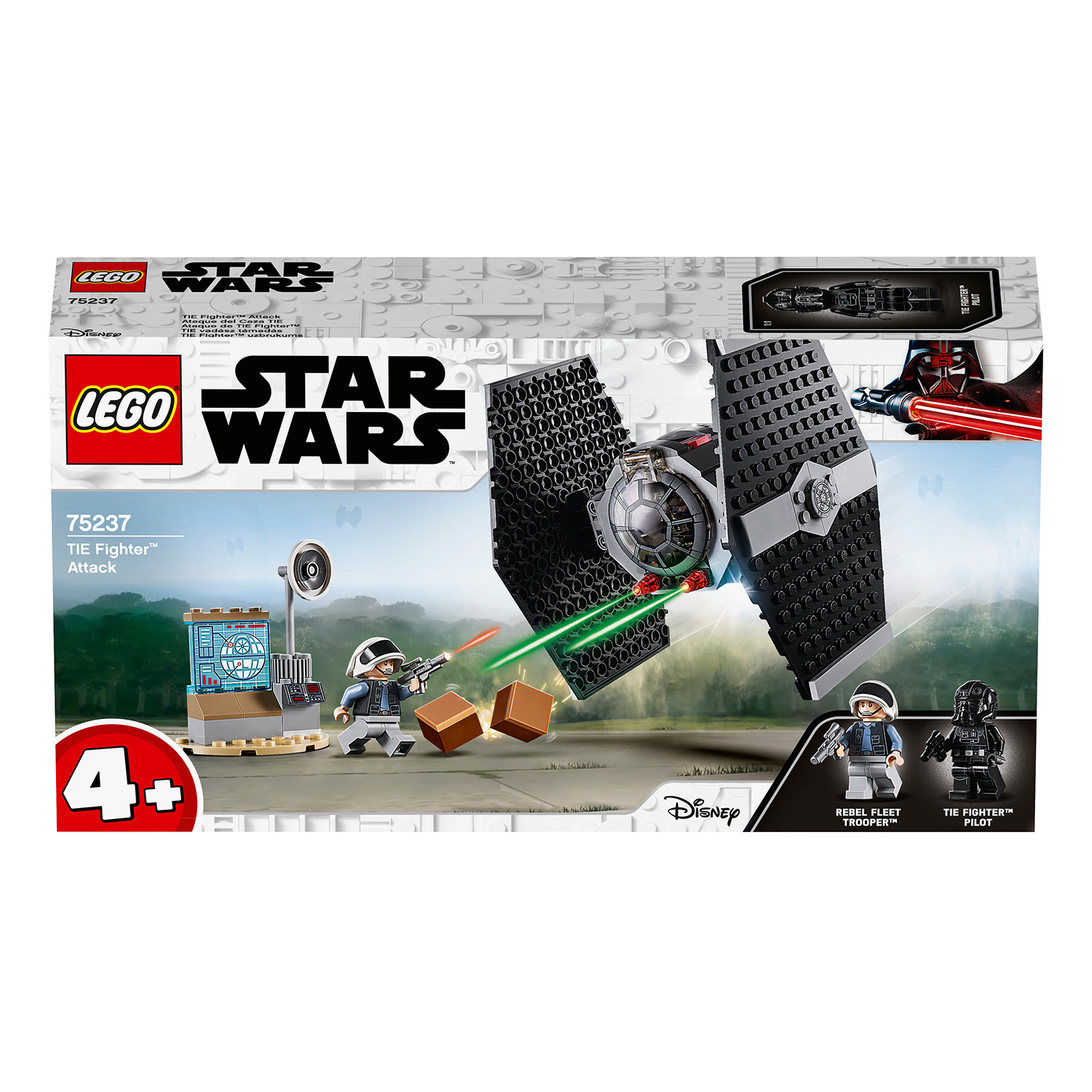 Un set Lego Star Wars mostra un Tie Fighter e una figura ribelle con un'arma. La scatola mostra il logo Lego Star Wars.