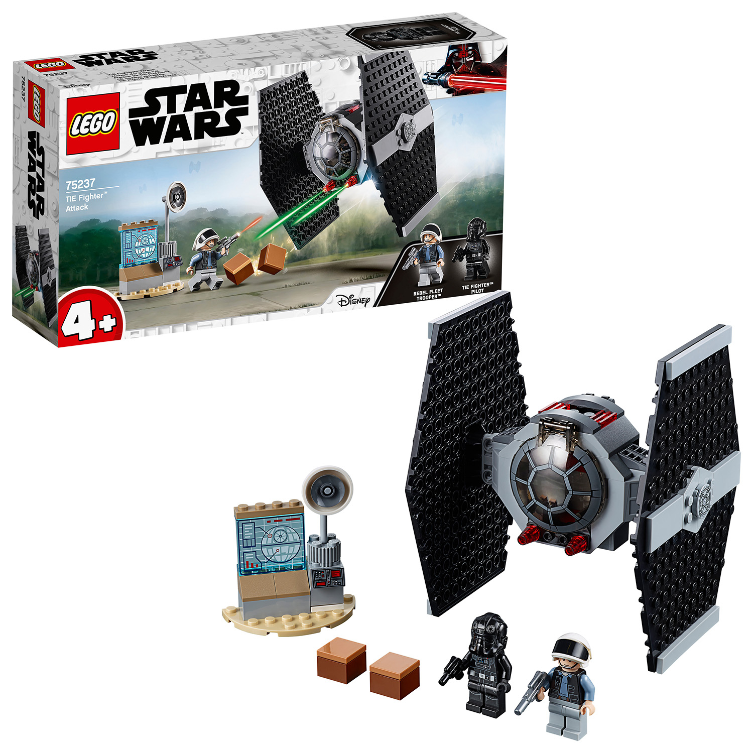 Set Lego Star Wars. Attacco TIE Fighter. Mostra personaggi e un modello TIE Fighter con display e scatole.