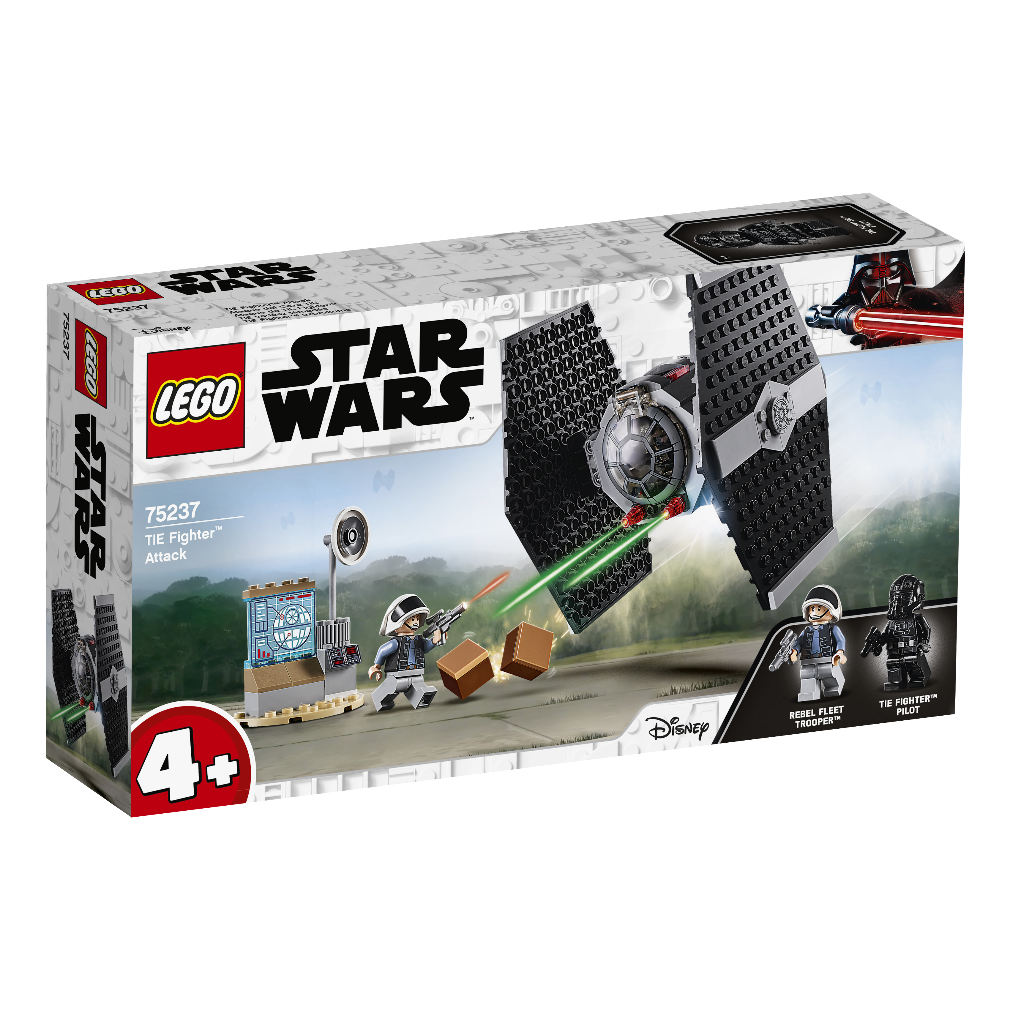 Set Lego Star Wars TIE Fighter. La scatola mostra il TIE Fighter e i personaggi. Sfondo bianco.
